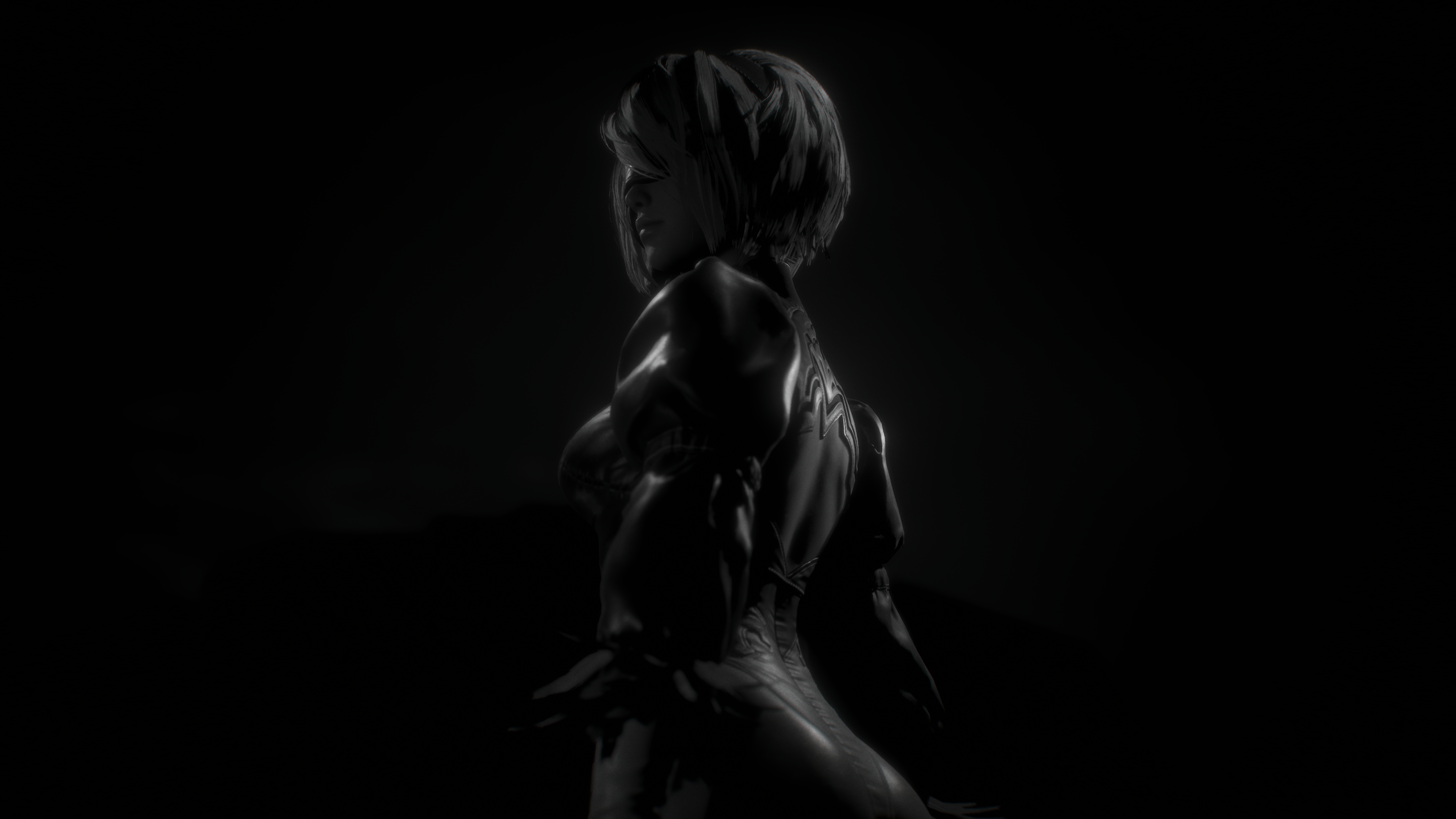 2B From NieR Automata - 4K Background 2B From NieR Automata - Monochrome Digital Art 4K Wallpaper (3840x2160)