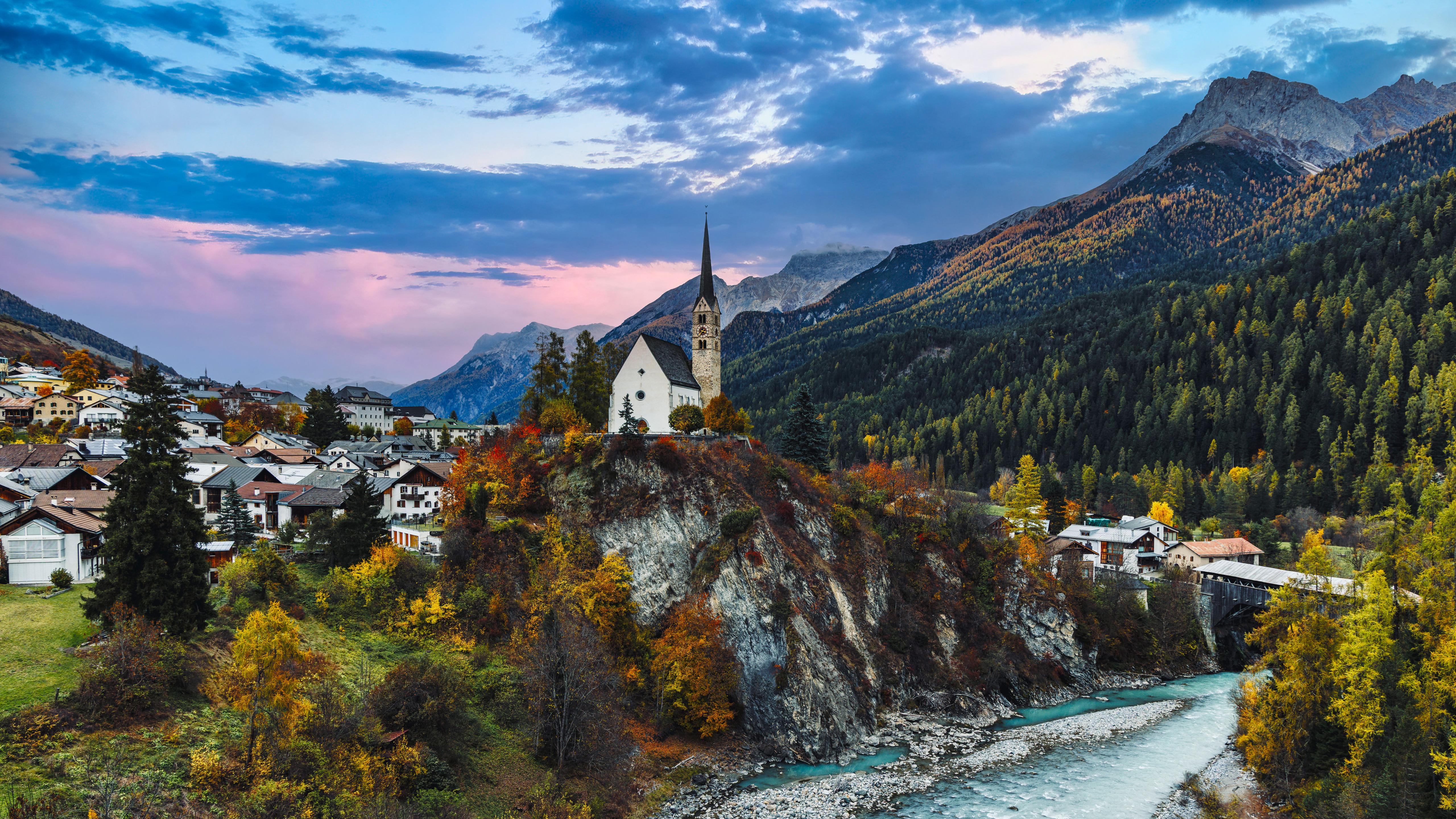 Alpine Church In Autumn Village - 5K Background Alpine Church In Autumn Village - Landscape Photography 5K Wallpaper (5120x2880)