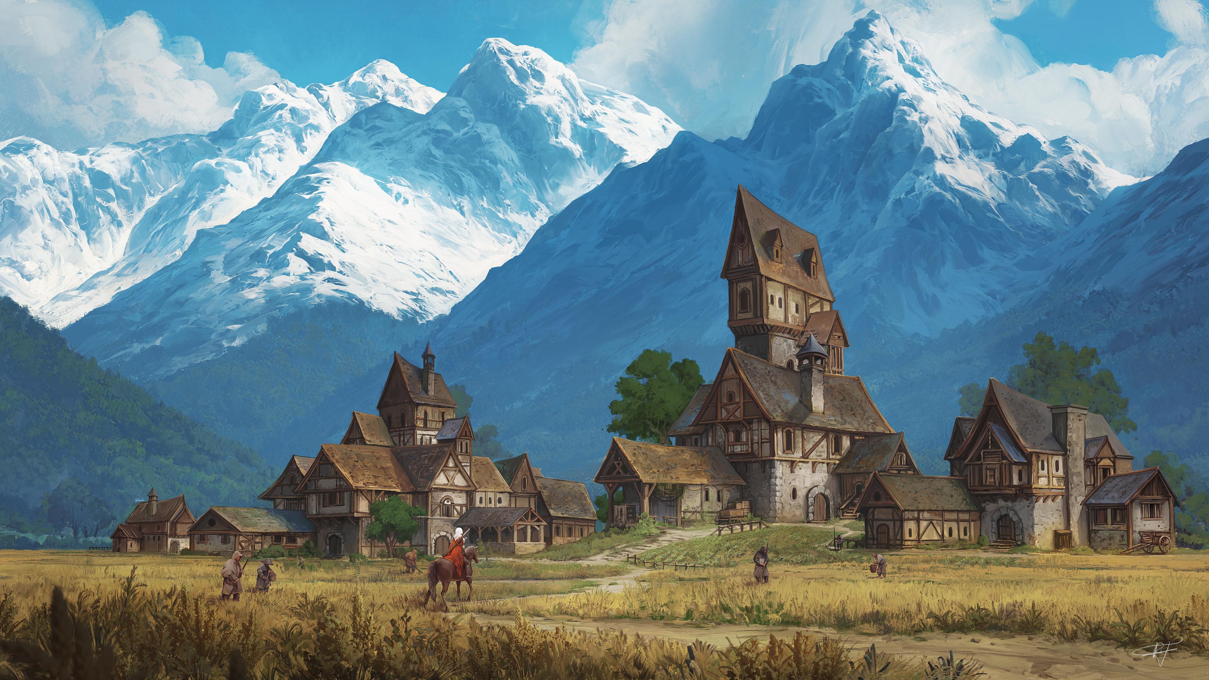 Alpine Village Beneath Snowy Peaks - 4K Background Alpine Village Beneath Snowy Peaks - Conceptual Digital Painting 4K Wallpaper (3840x2160)