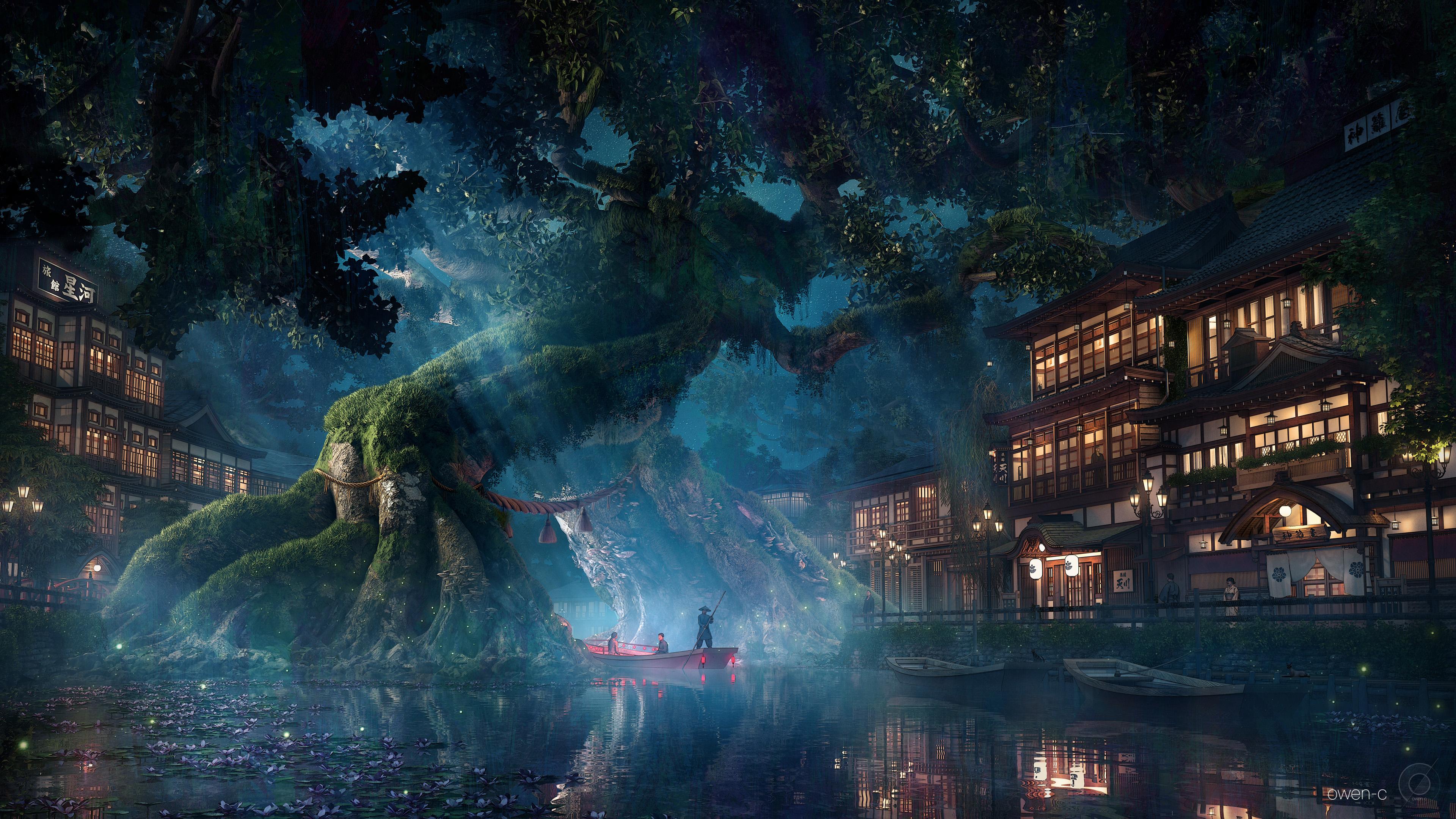 Ancient Japanese Tree Village - 4K Background Ancient Japanese Tree Village - Cinematic Digital Art 4K Wallpaper (3840x2160)