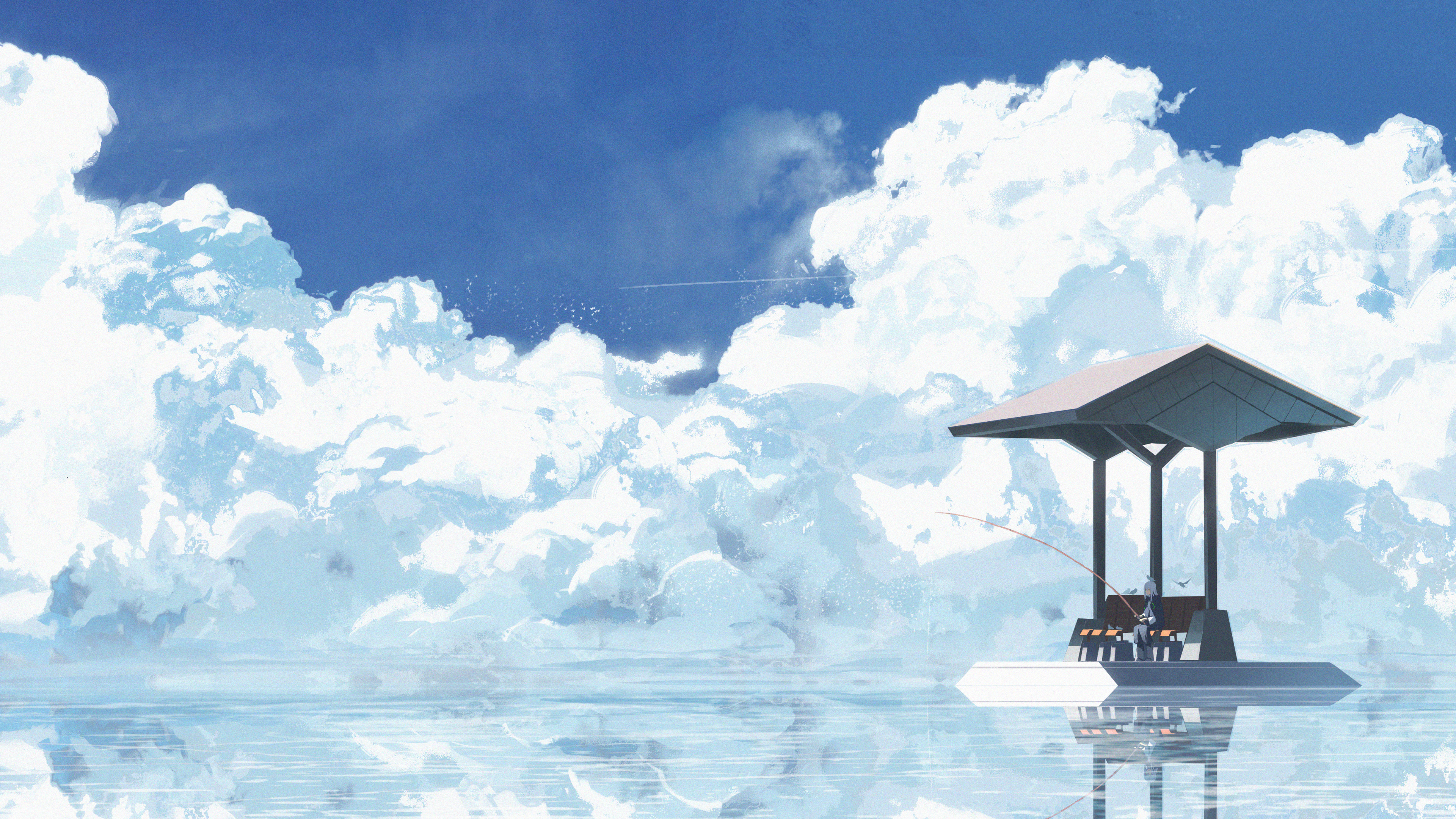 Anime, Fishing, Clouds, Dock, Serene Wallpaper in 4K resolution (3840x2160) Anime, Fishing, Clouds, Dock, Serene 4K Wallpaper Background (3840x2160)