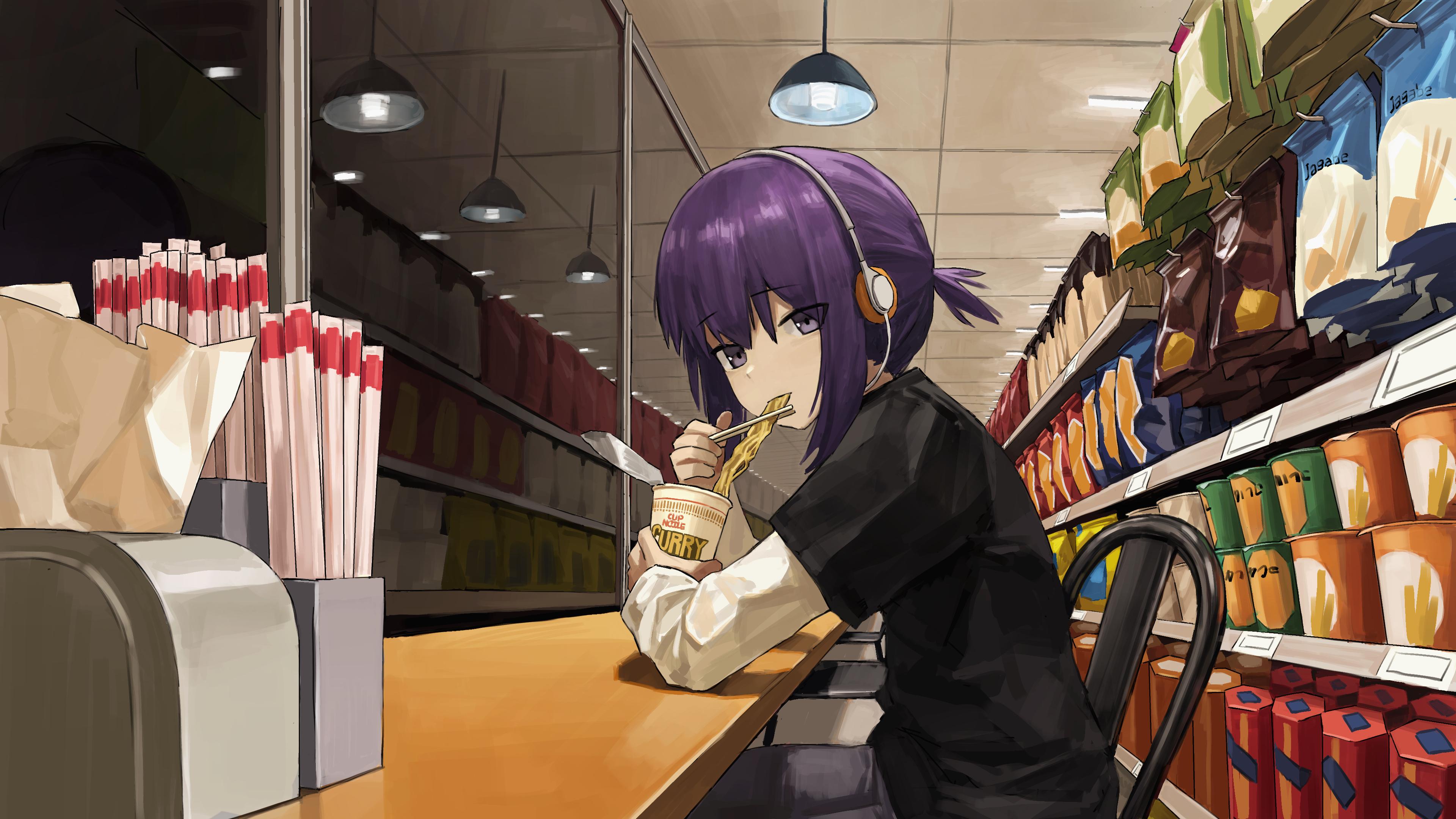 Anime Girl Eating Cup Noodles - 4K Background Anime Girl Eating Cup Noodles - Anime Illustration 4K Wallpaper (3840x2160)