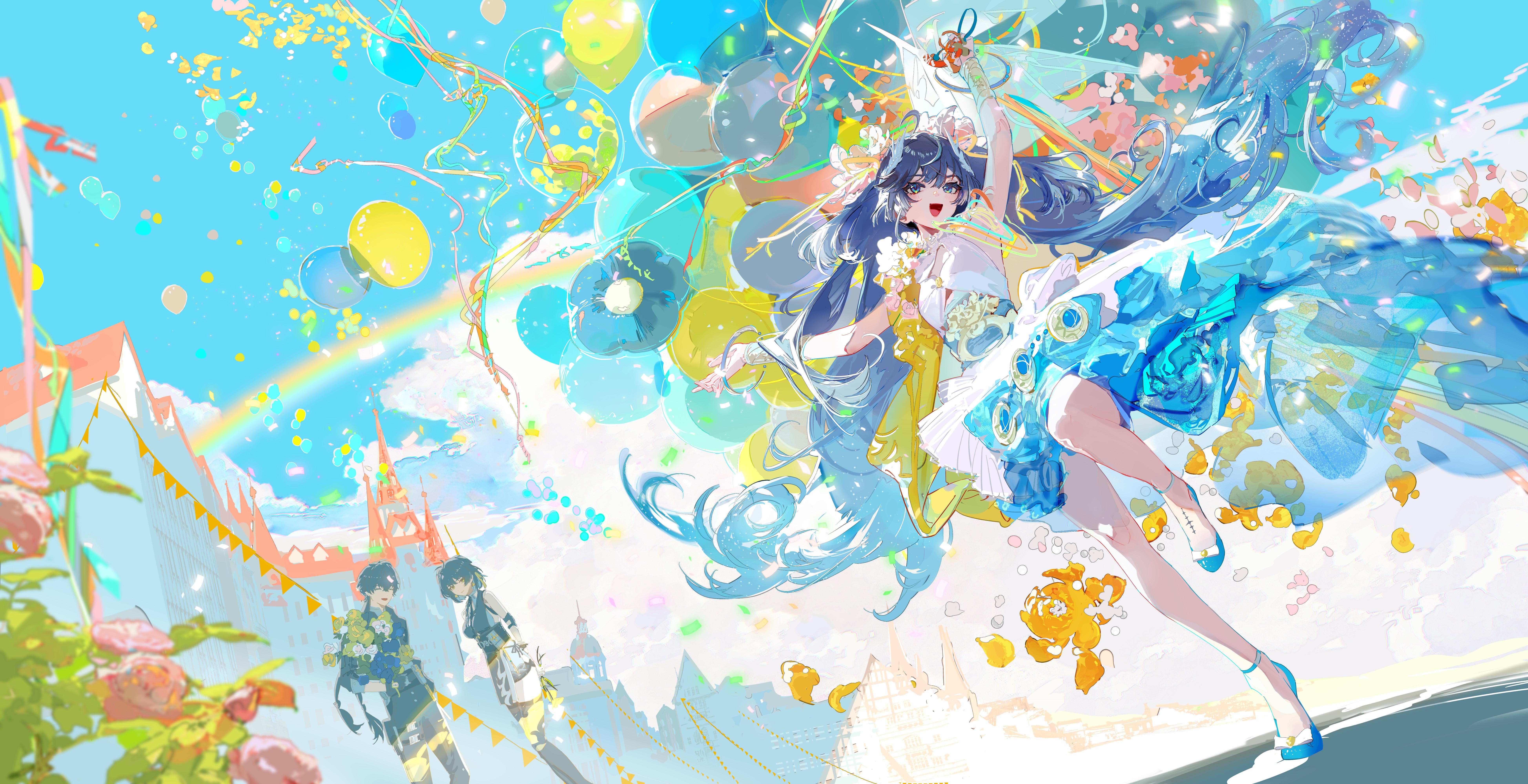 Anime Girl Floating With Balloons - 5K Background Anime Girl Floating With Balloons - Digital Anime Art 5K Wallpaper (7789x4000)