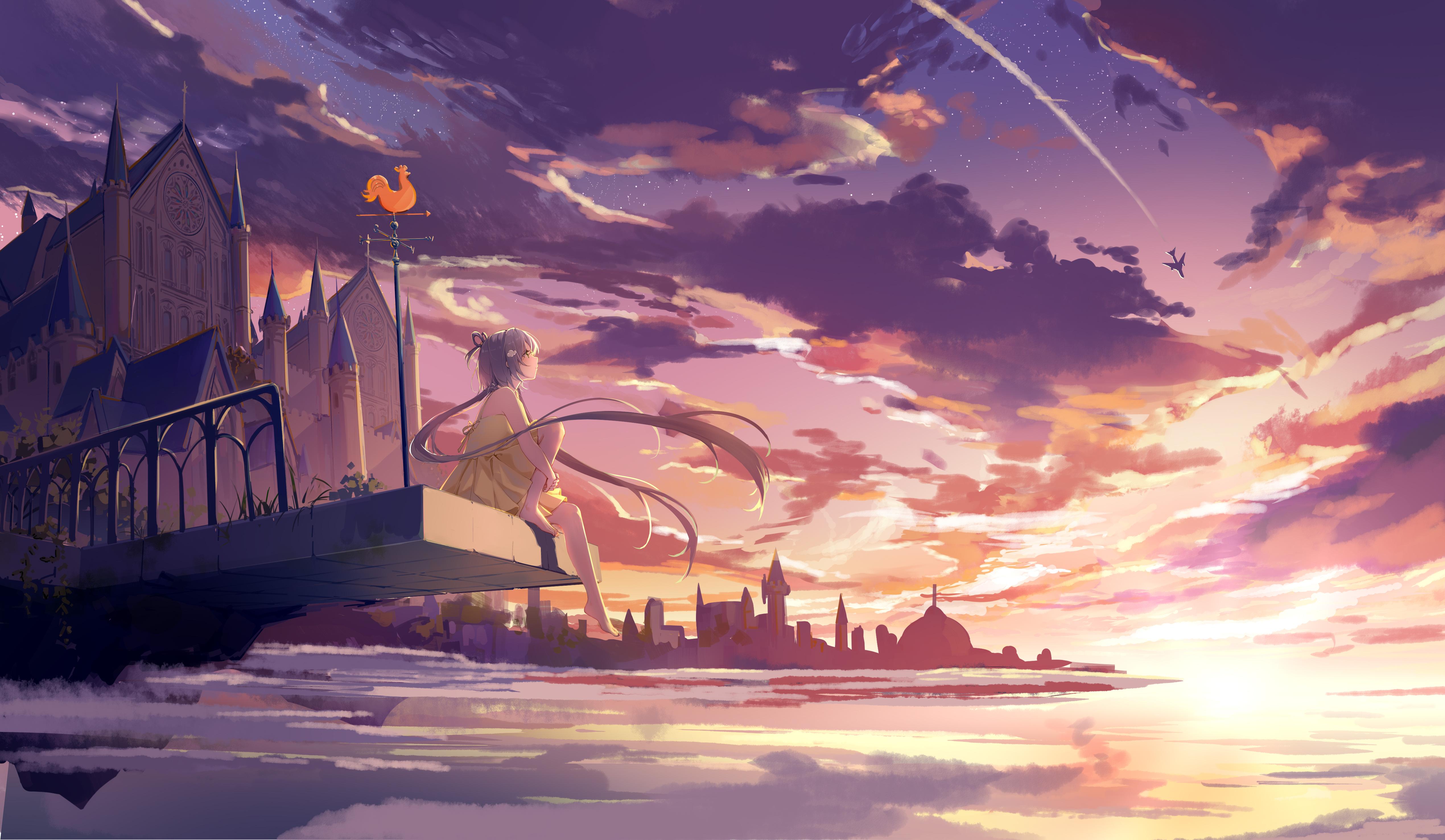 Anime Girl Watching Castle Sunset - 4K Background Anime Girl Watching Castle Sunset - Anime Illustration 4K Wallpaper (5079x2953)