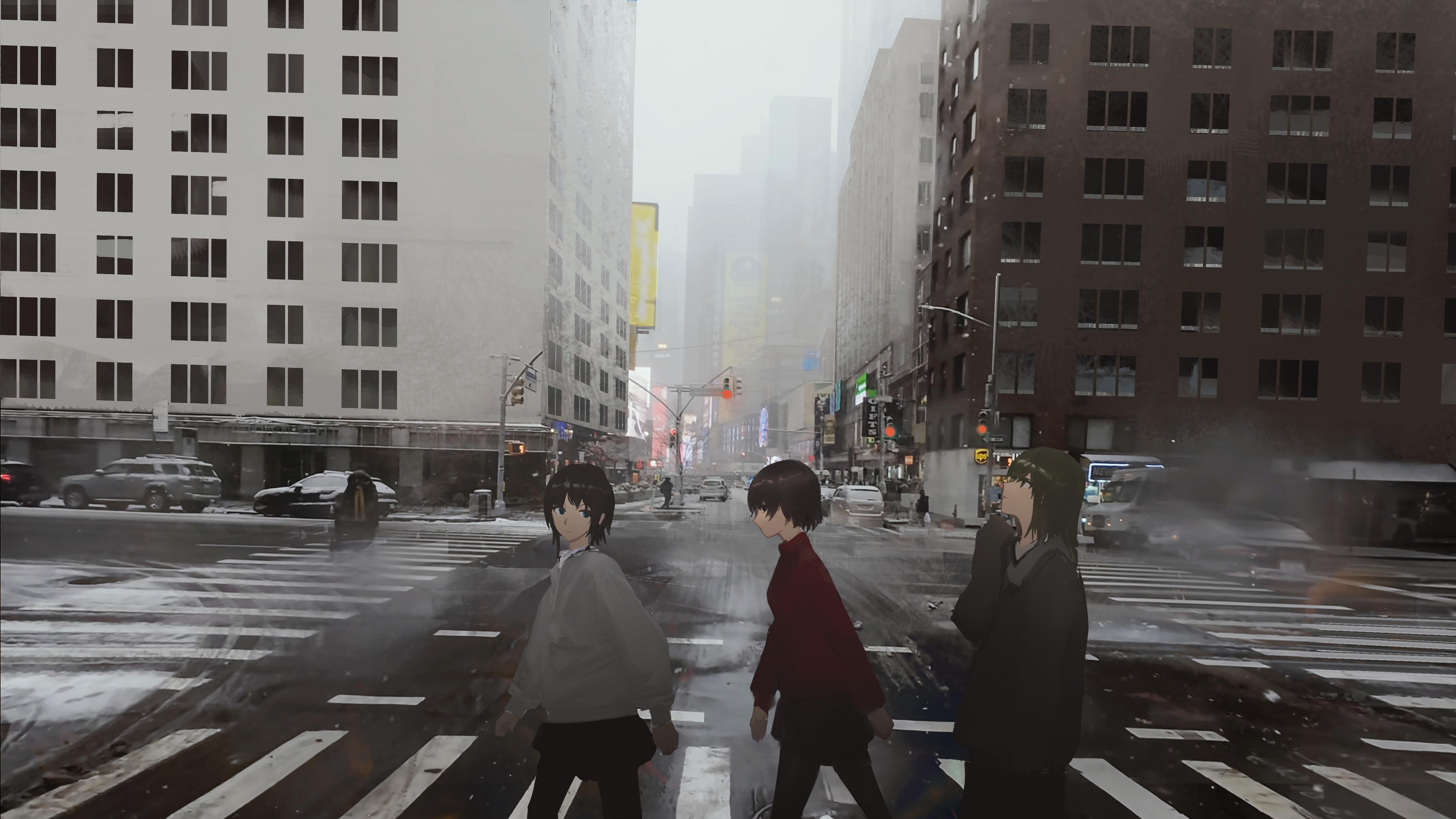 Anime Girls Crossing Snowy Street - 5K Background Anime Girls Crossing Snowy Street - Digital Illustration 5K Wallpaper (6800x3825)