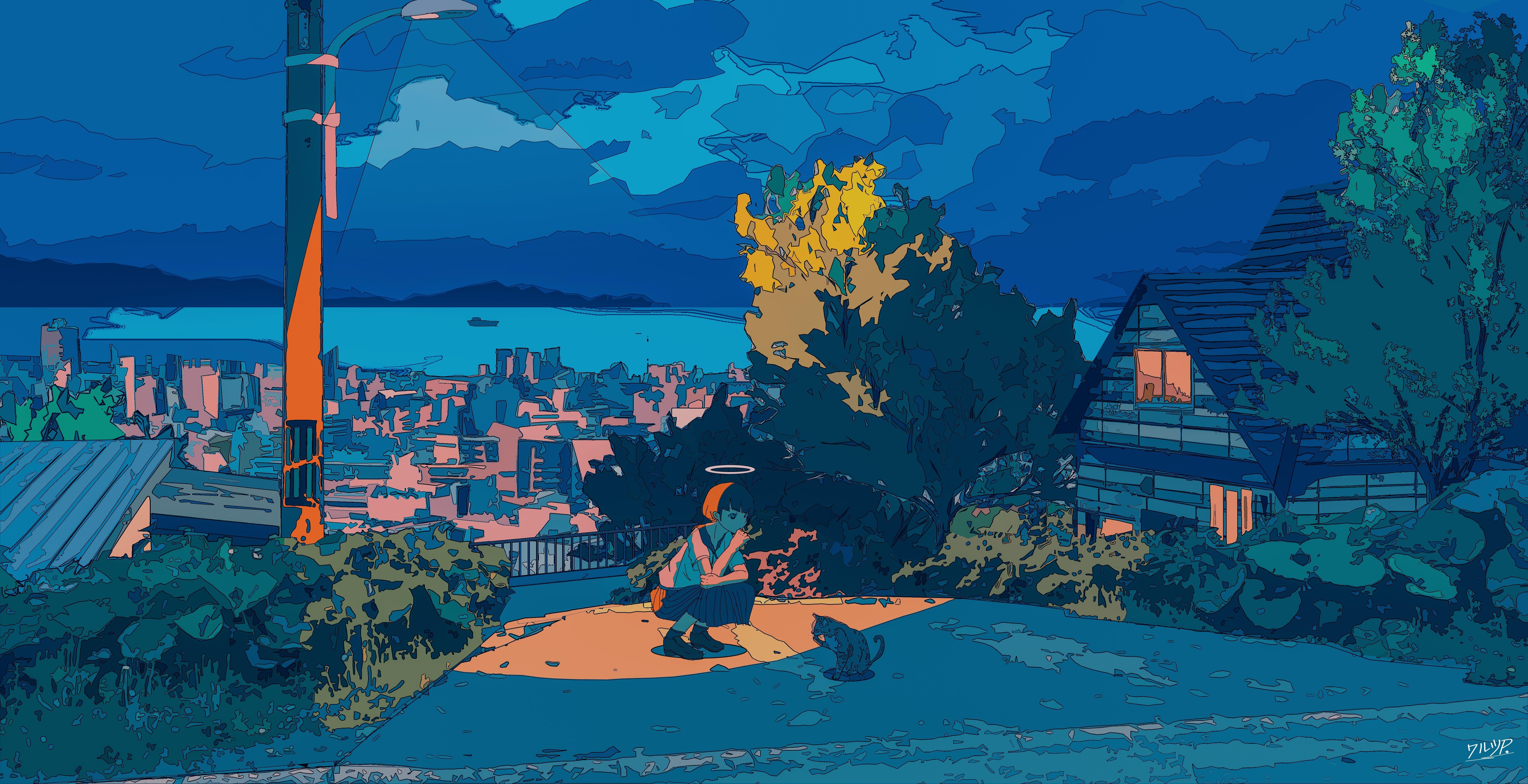 Anime Illustration, Cityscape, Angel, Nightscape Wallpaper in 5K resolution (7200x3696) Anime Illustration, Cityscape, Angel, Nightscape 5K Wallpaper Background (7200x3696)