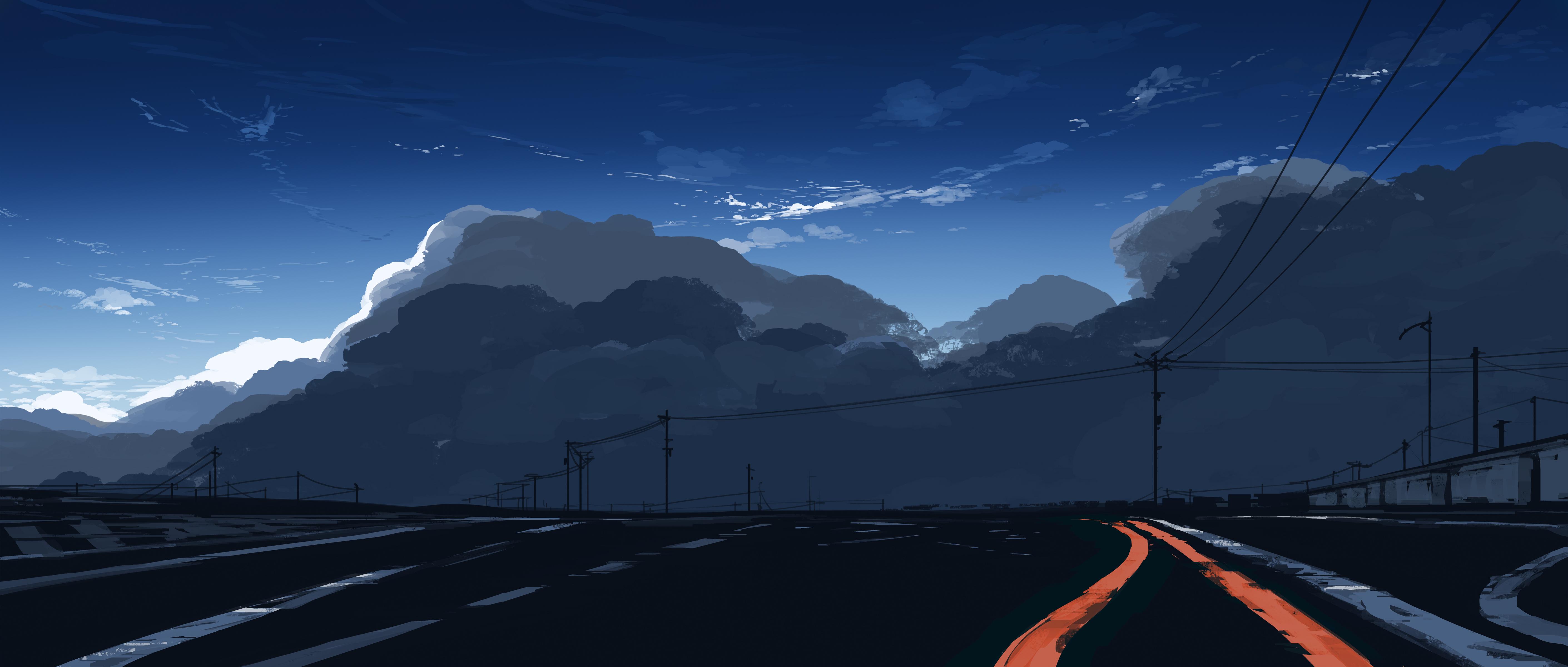 Anime Landscape, Road Trip, Cloudy Sky, Digital Art Wallpaper in 4K resolution (5640x2400) Anime Landscape, Road Trip, Cloudy Sky, Digital Art 4K Wallpaper Background (5640x2400)