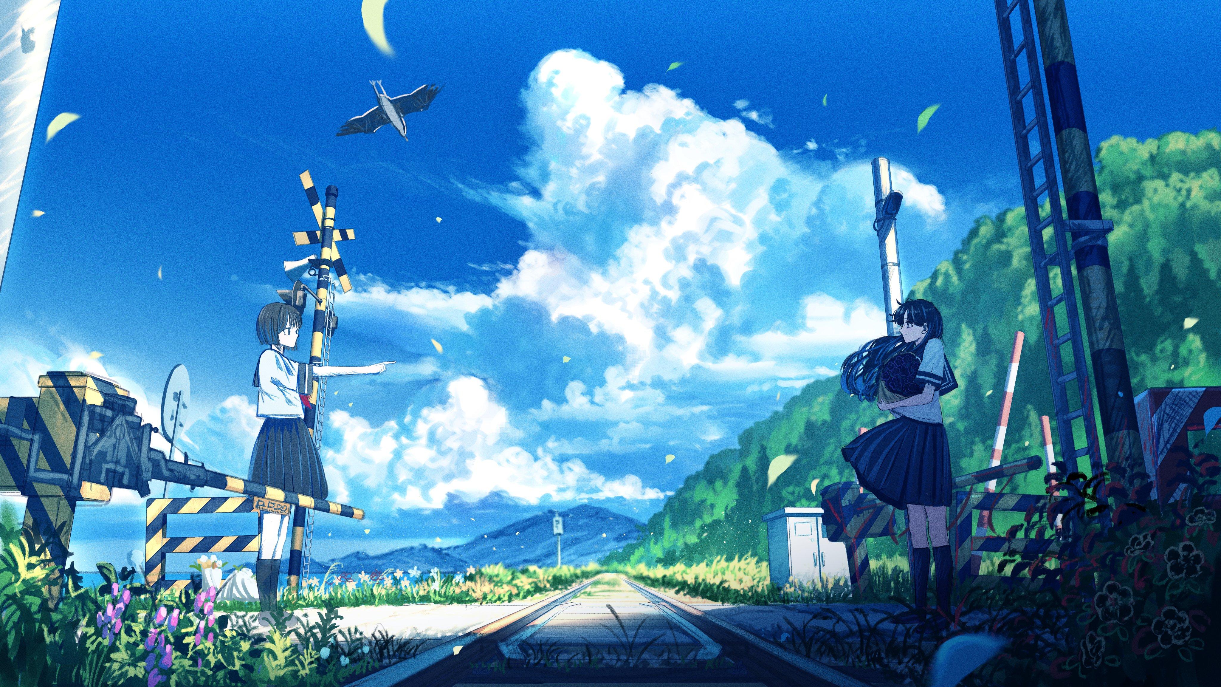 Anime Landscape, Schoolgirl, Railway, Blue Sky Wallpaper in 4K resolution (4096x2304) Anime Landscape, Schoolgirl, Railway, Blue Sky 4K Wallpaper Background (4096x2304)