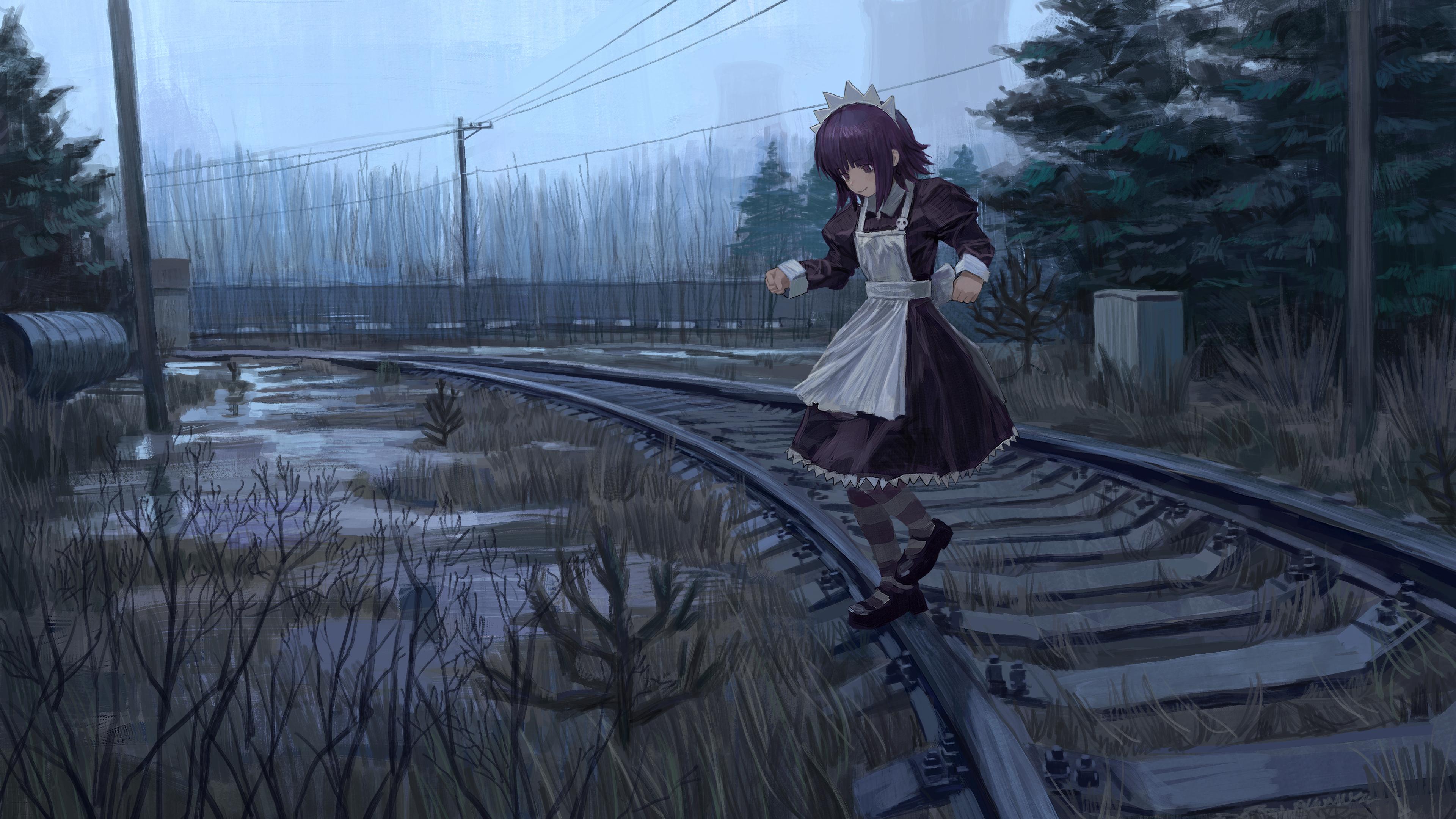 Anime Maid on Railroad Tracks - 4K Background Anime Maid on Railroad Tracks - Digital Anime Art 4K Wallpaper (3840x2160)