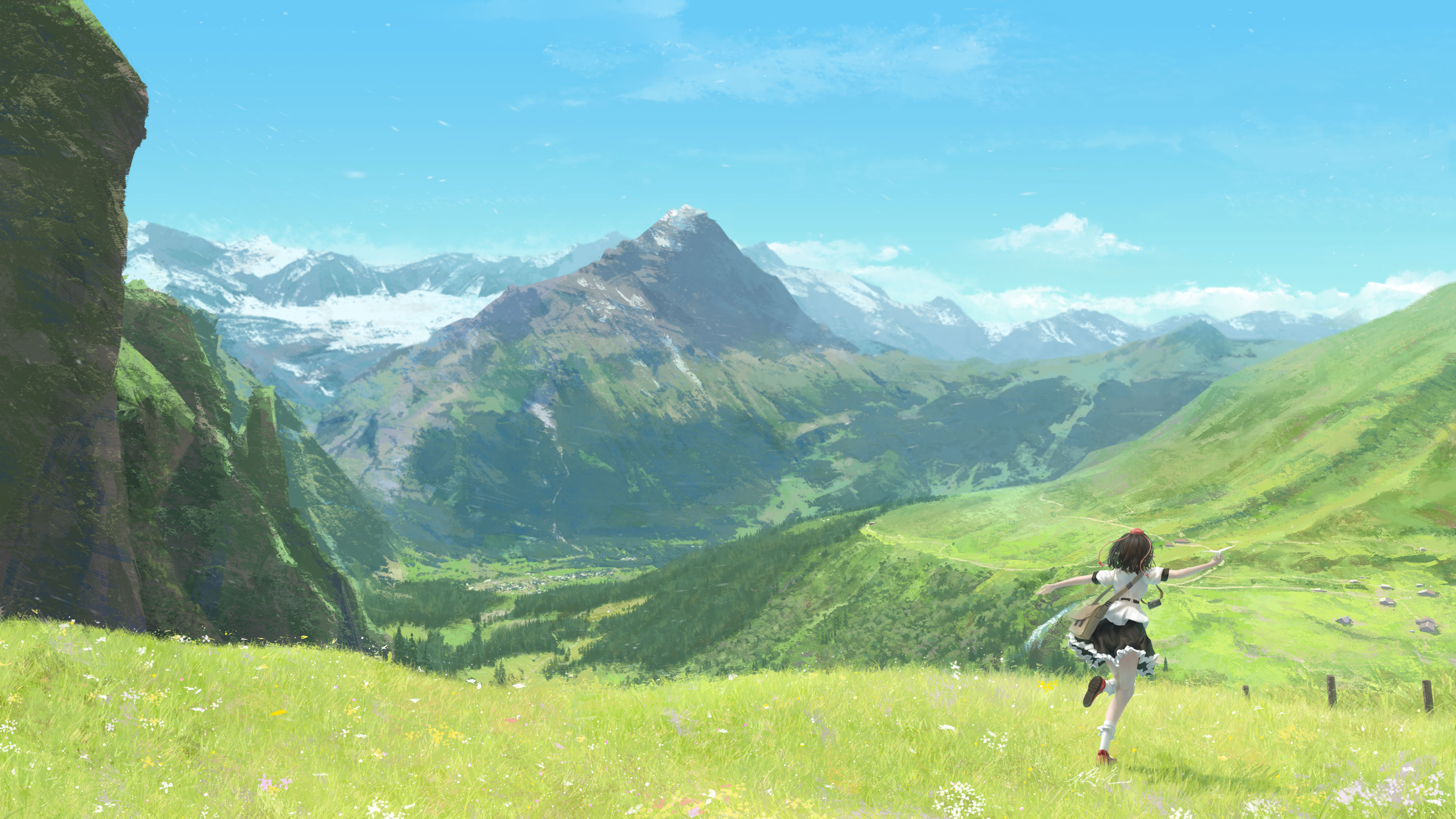 Anime, Mountain Landscape, Girl Running, Scenic View Wallpaper in 4K resolution (3840x2160) Anime, Mountain Landscape, Girl Running, Scenic View 4K Wallpaper Background (3840x2160)
