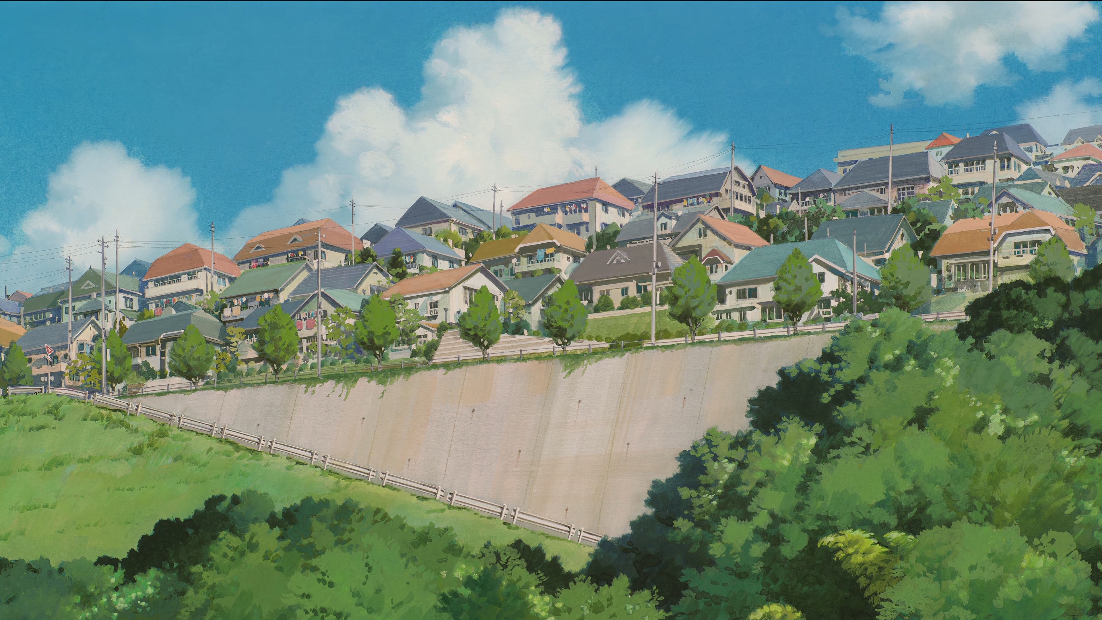Anime Scenery, Ghibli Style, Suburb, Residential Area Wallpaper in 4K resolution (3840x2160) Anime Scenery, Ghibli Style, Suburb, Residential Area 4K Wallpaper Background (3840x2160)