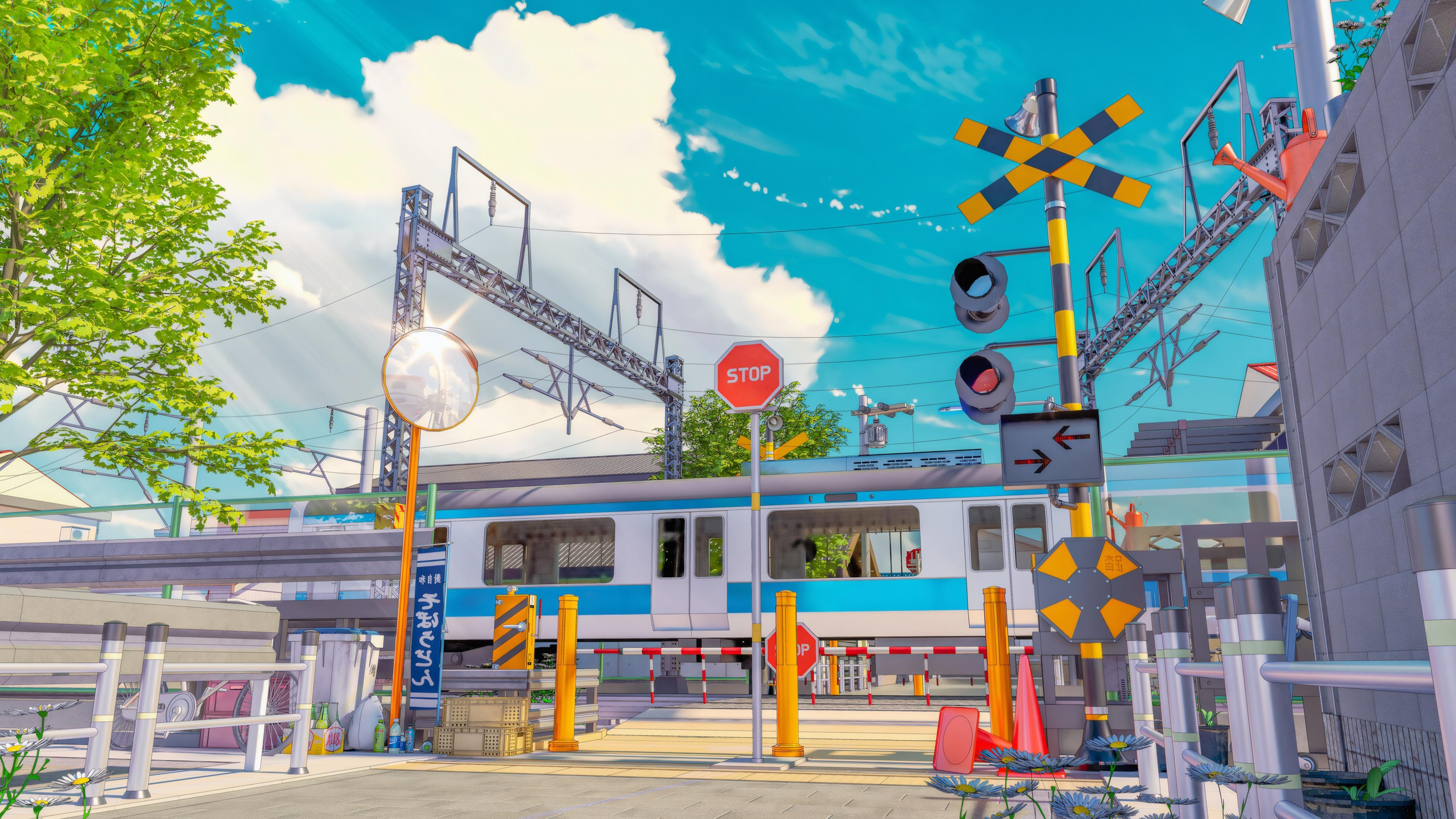 Anime Scenery, Train Crossing, Railway, Urban Landscape Wallpaper in 4K resolution (3840x2160) Anime Scenery, Train Crossing, Railway, Urban Landscape 4K Wallpaper Background (3840x2160)