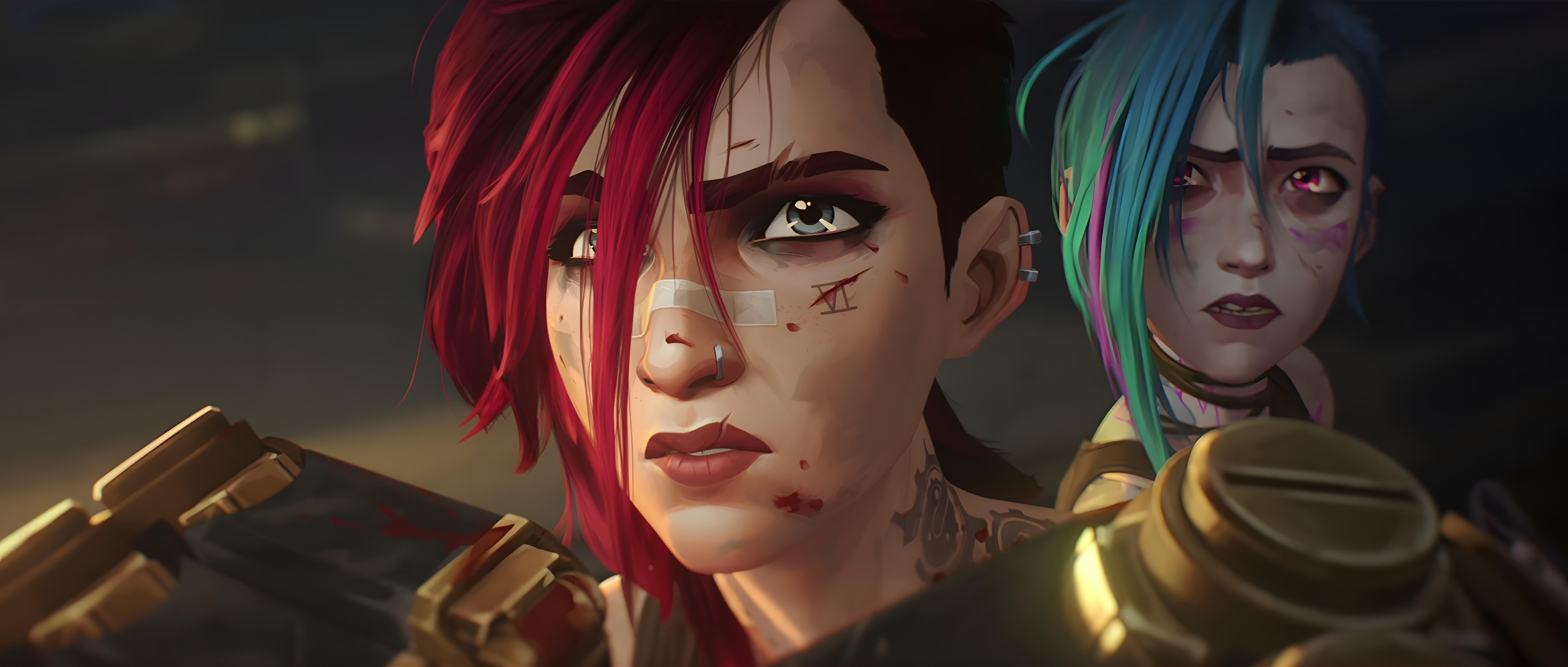 Arcane, Vi, Jinx, League Of Legends Wallpaper in 5K resolution (7680x3266) Arcane, Vi, Jinx, League Of Legends 5K Wallpaper Background (7680x3266)