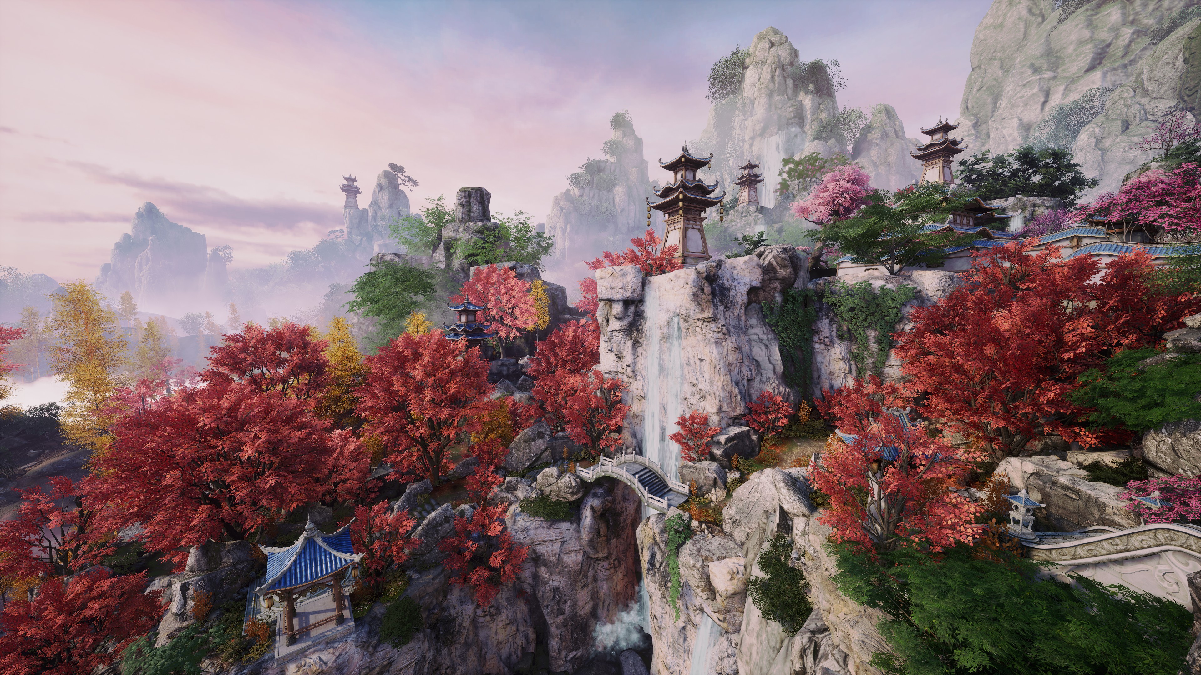 Asian Architecture, Oriental Landscape, Chinese Temple, Waterfall Scenery Wallpaper in 4K resolution (3840x2160) Asian Architecture, Oriental Landscape, Chinese Temple, Waterfall Scenery 4K Wallpaper Background (3840x2160)