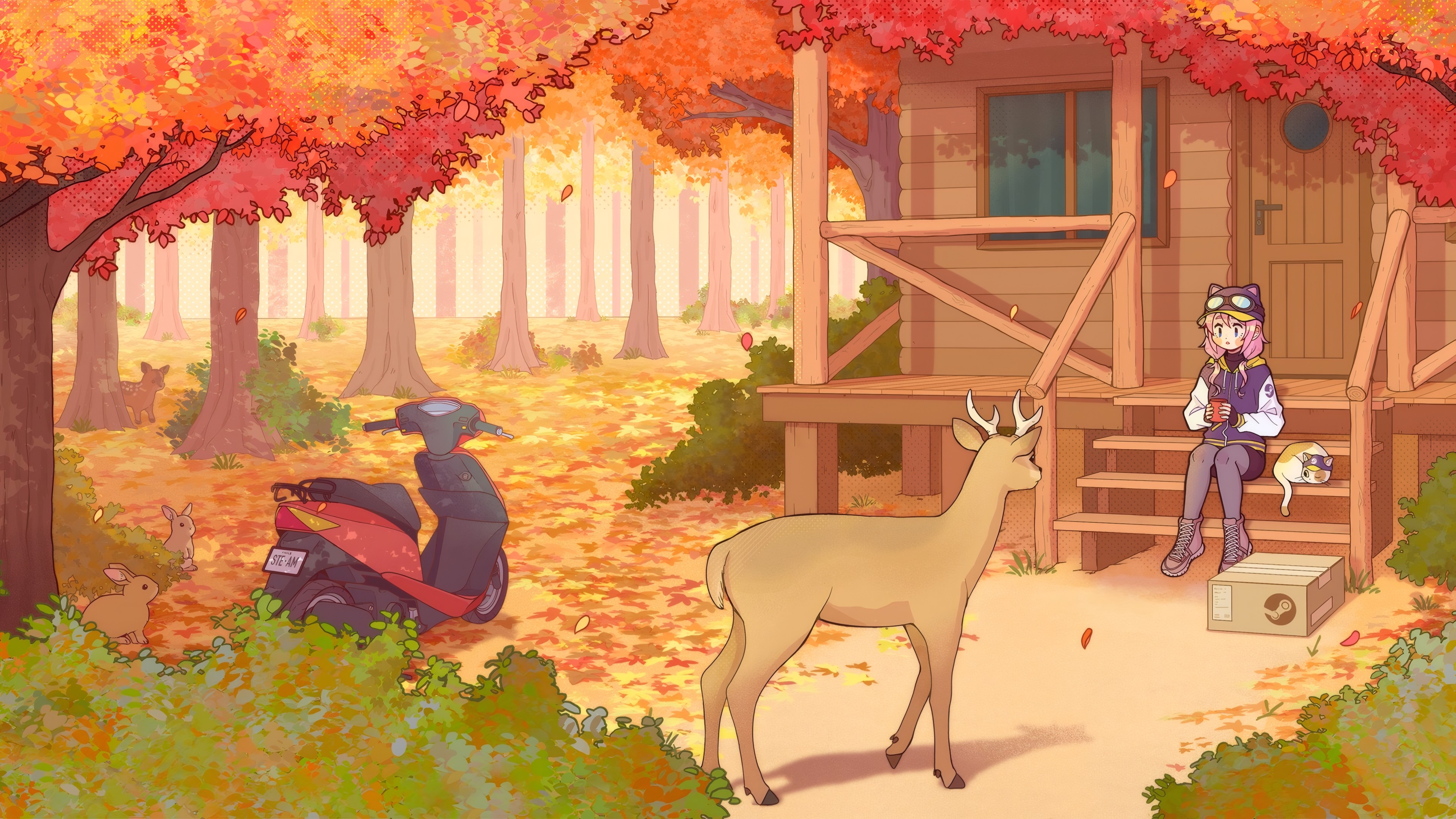 Autumn, Cabin, Forest, Deer Wallpaper in 4K resolution (3840x2160) Autumn, Cabin, Forest, Deer 4K Wallpaper Background (3840x2160)