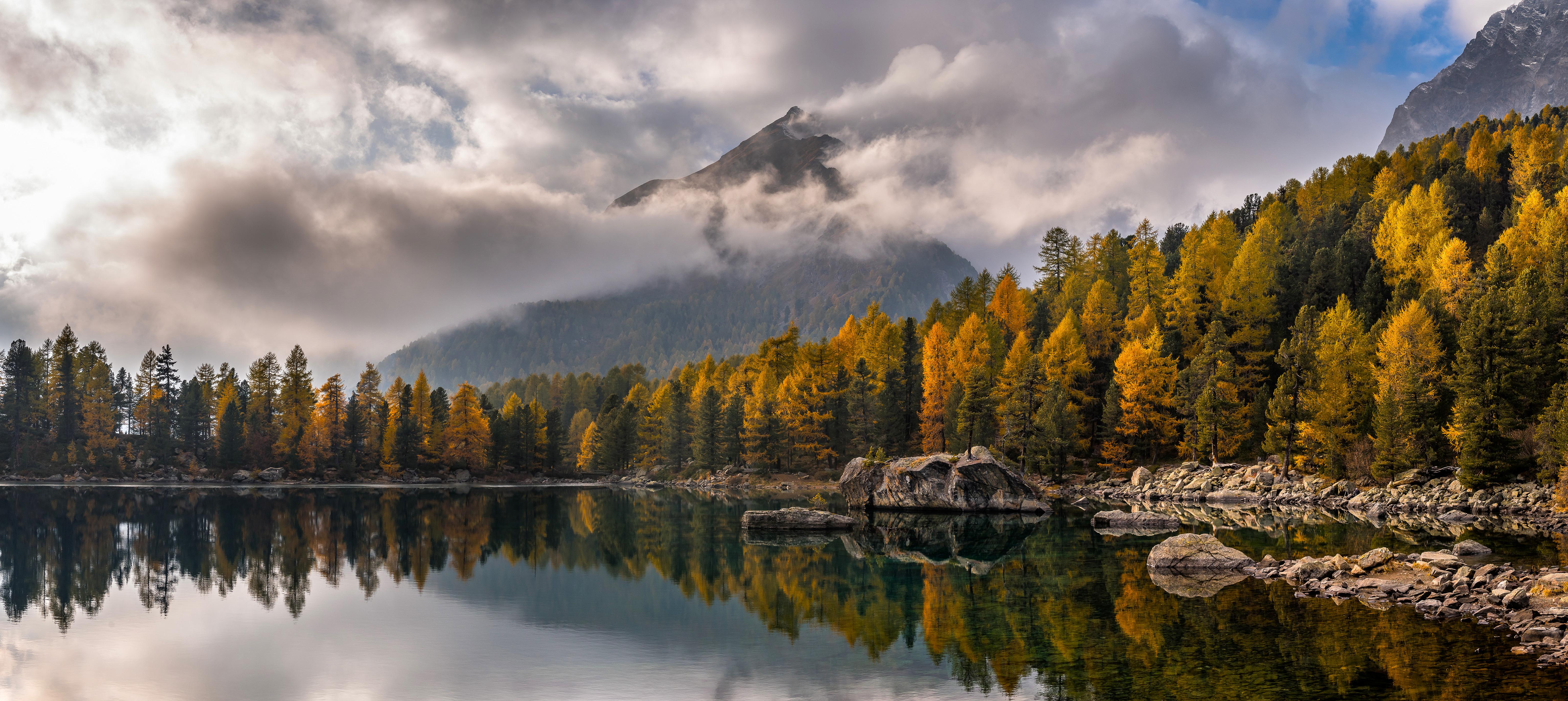 Autumn Landscape, Mountain Lake, Forest Reflection, Cloudy Sky Wallpaper in 4K resolution (6143x2747) Autumn Landscape, Mountain Lake, Forest Reflection, Cloudy Sky 4K Wallpaper Background (6143x2747)