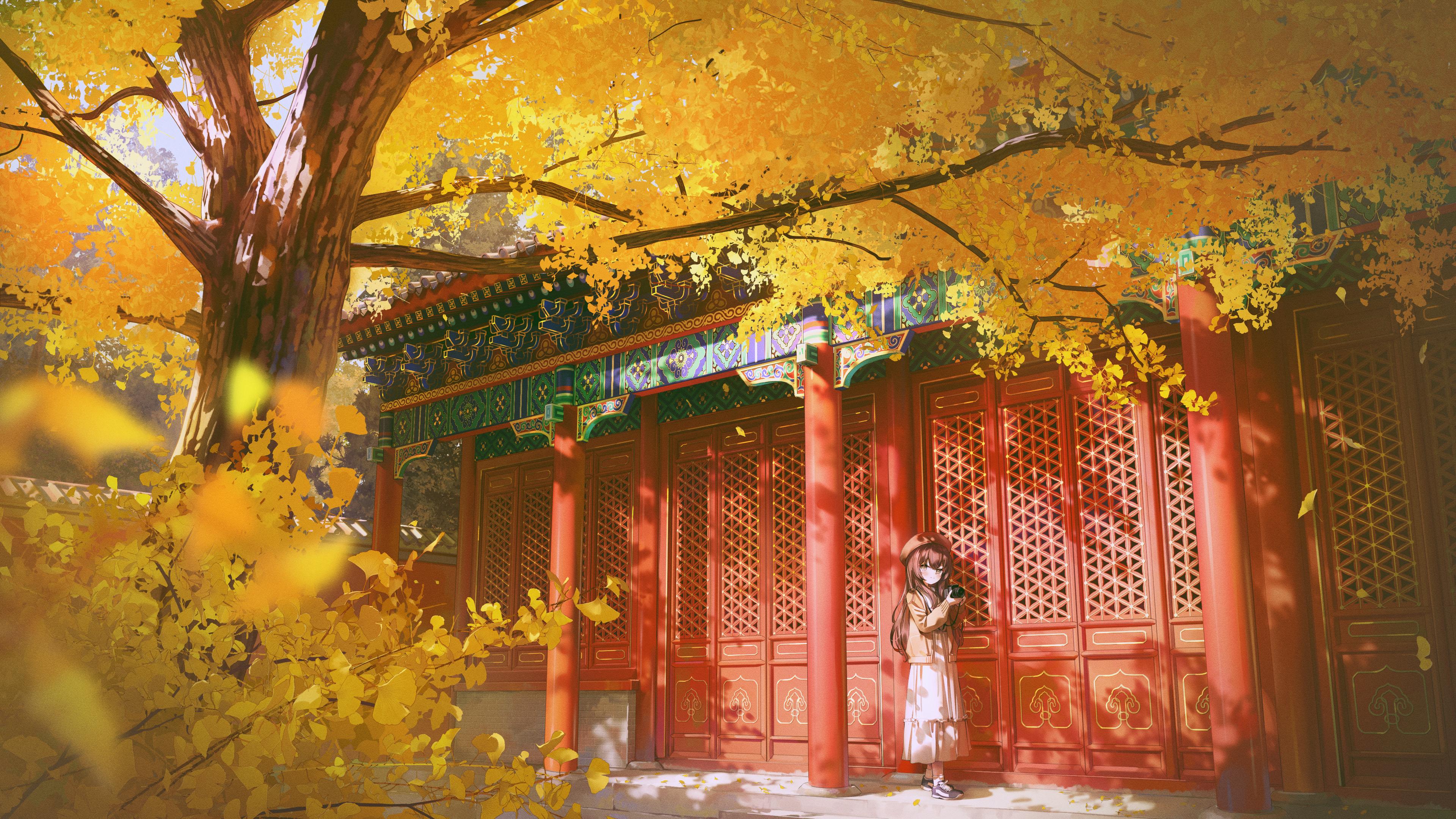 Autumn Scenery, Chinese Architecture, Anime Girl, Ginkgo Leaves Wallpaper in 4K resolution (3840x2160) Autumn Scenery, Chinese Architecture, Anime Girl, Ginkgo Leaves 4K Wallpaper Background (3840x2160)