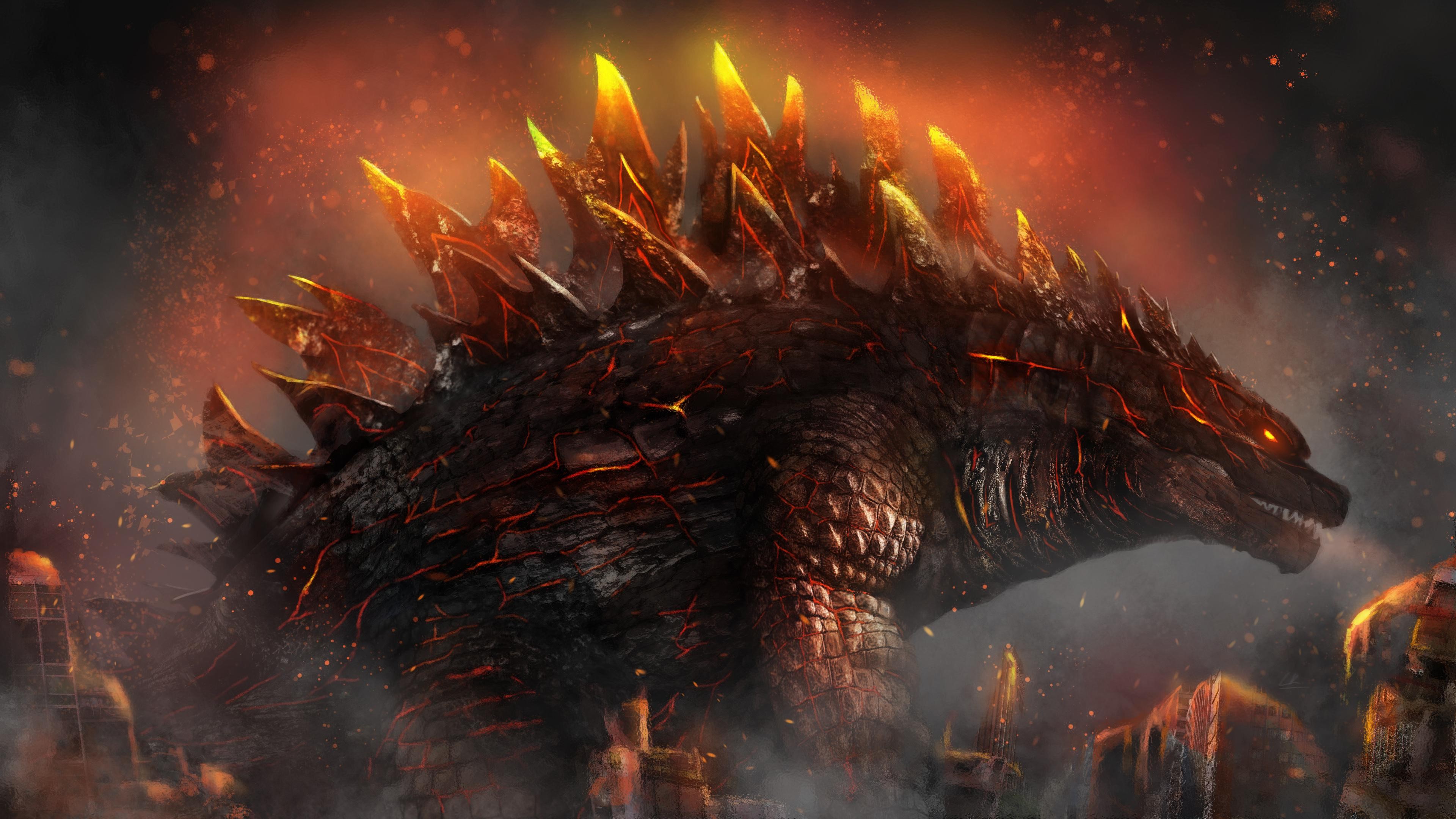 Burning Godzilla Lava Kaiju - 4K Background Burning Godzilla Lava Kaiju - Dramatic Digital Art 4K Wallpaper (3840x2160)