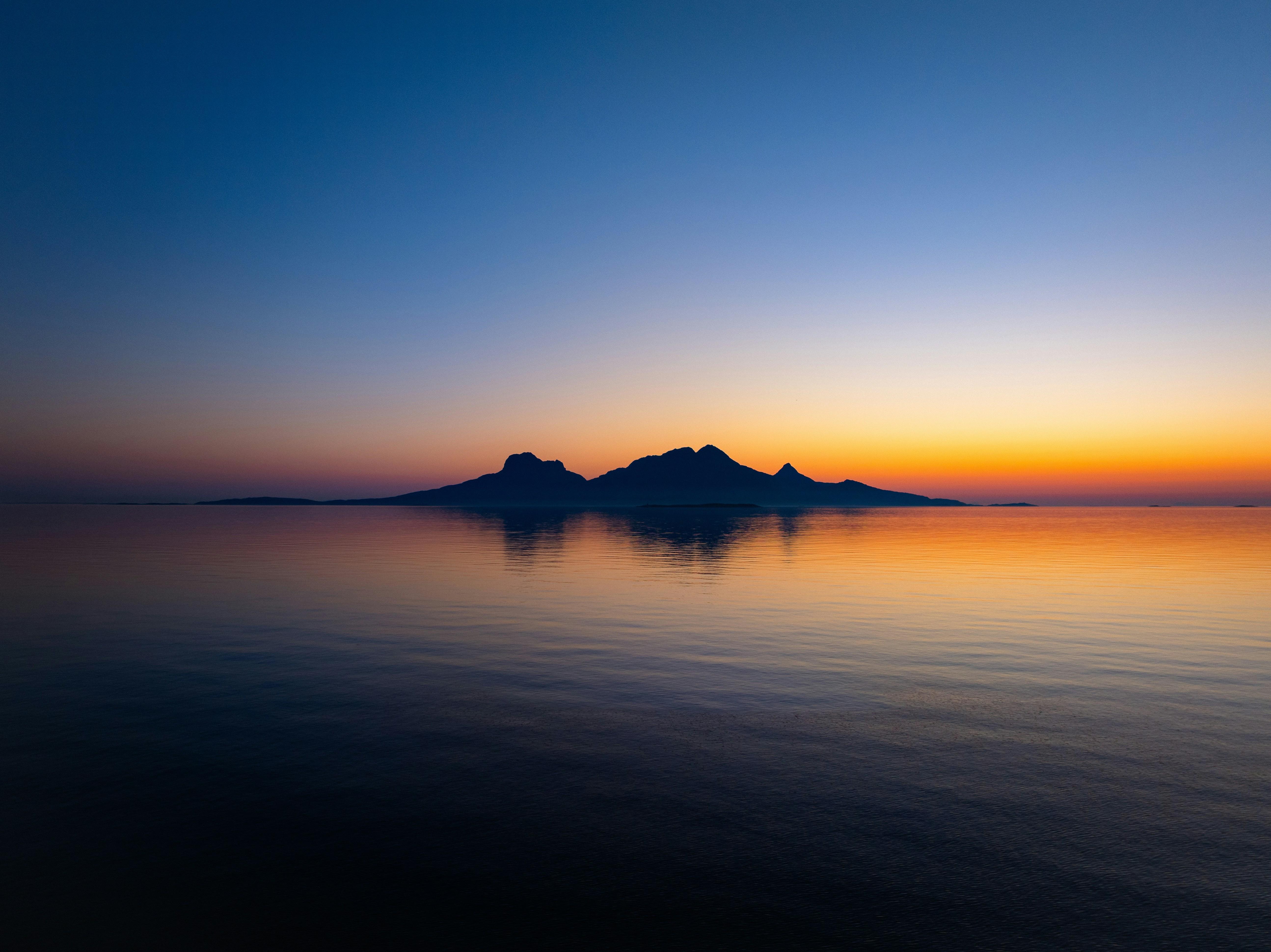 Calm Water, Mountain Silhouette, Sunrise, Peaceful Wallpaper in 5K resolution (5178x3878) Calm Water, Mountain Silhouette, Sunrise, Peaceful 5K Wallpaper Background (5178x3878)