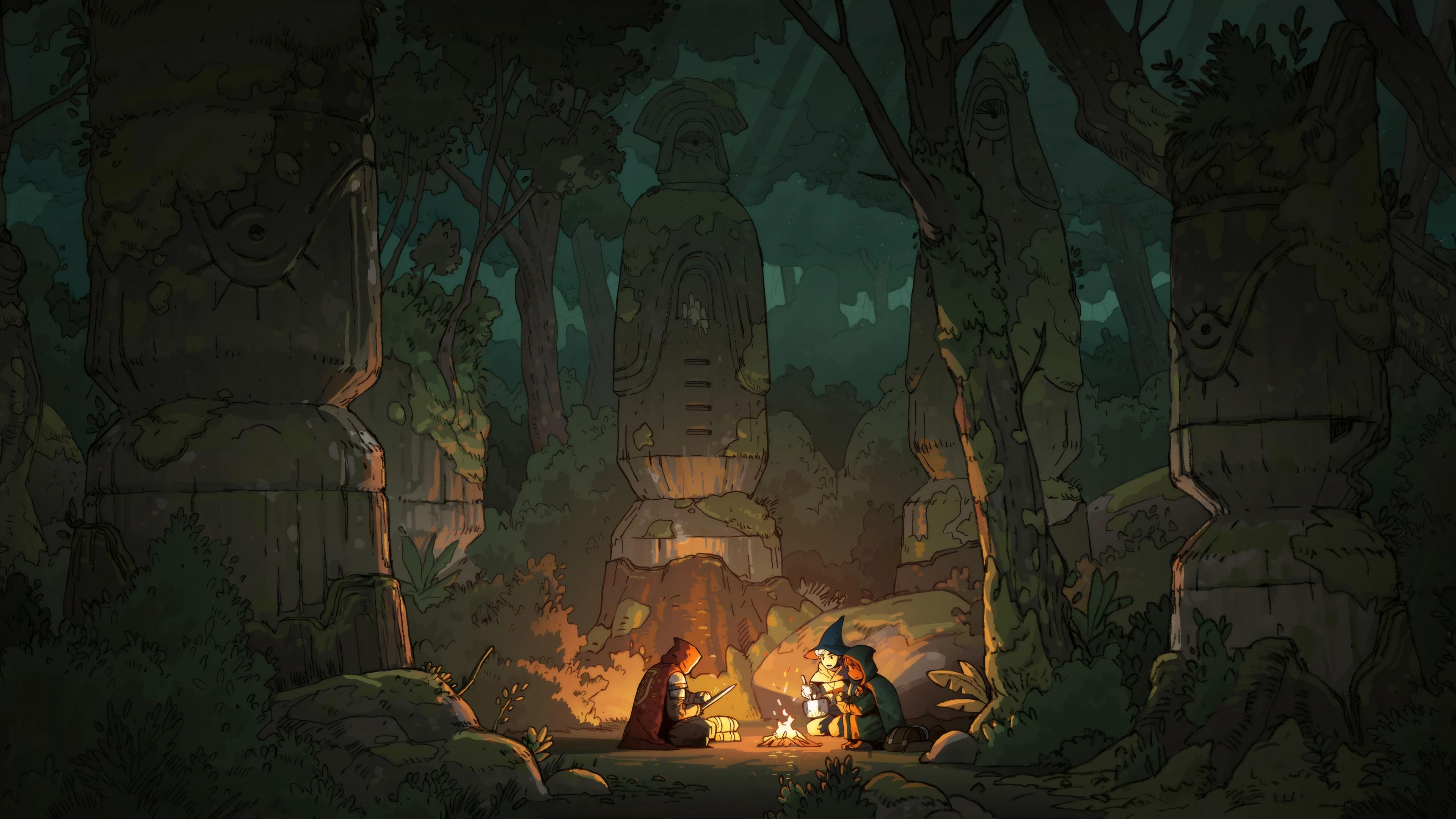 Campfire Under Giant Forest Ruins - 4K Background Campfire Under Giant Forest Ruins - Digital 2D Illustration 4K Wallpaper (3840x2160)