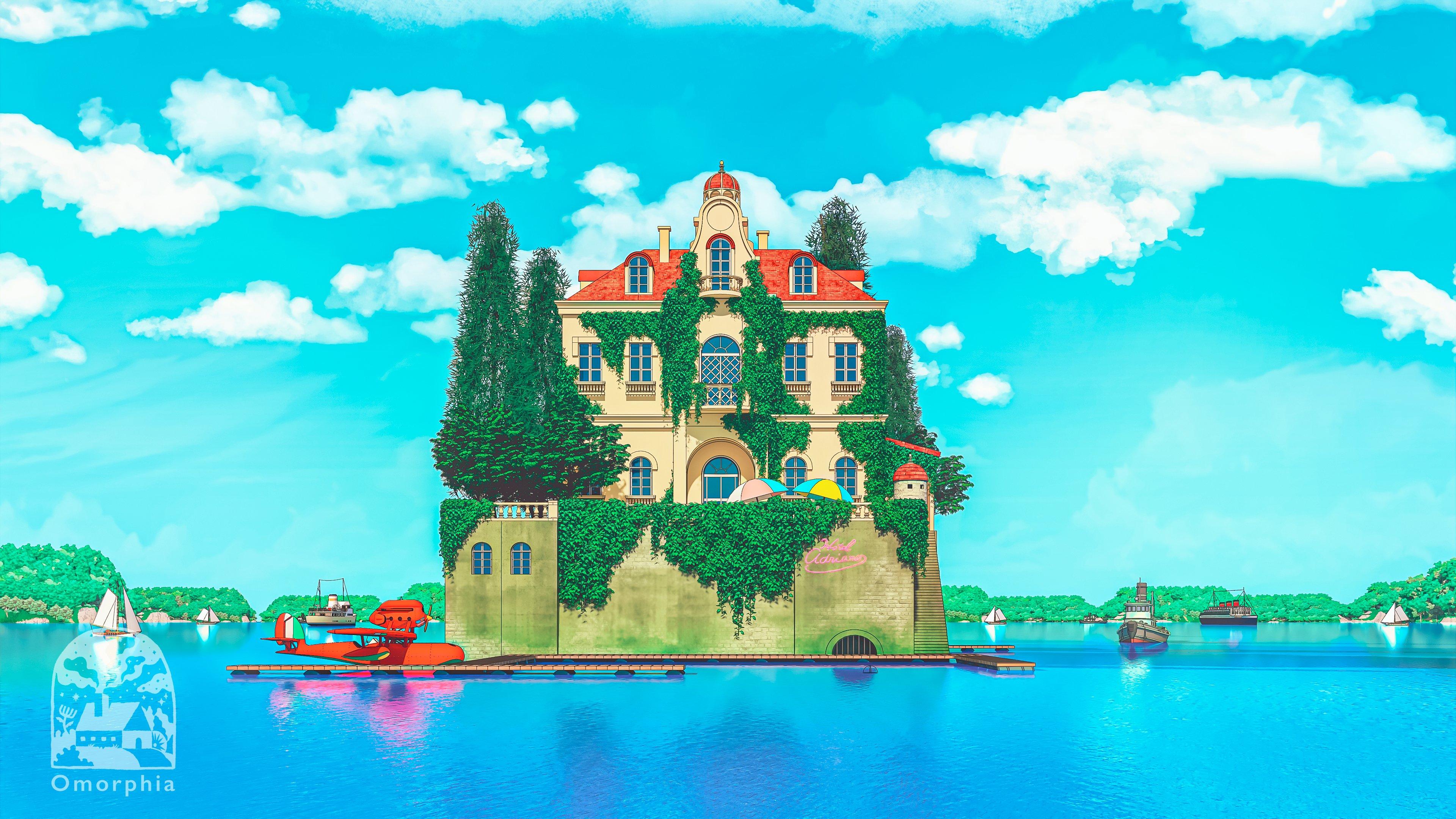 Cartoon Lake, Ghibli Inspired, Anime Scenery, Seaplane Wallpaper in 4K resolution (3840x2160) Cartoon Lake, Ghibli Inspired, Anime Scenery, Seaplane 4K Wallpaper Background (3840x2160)
