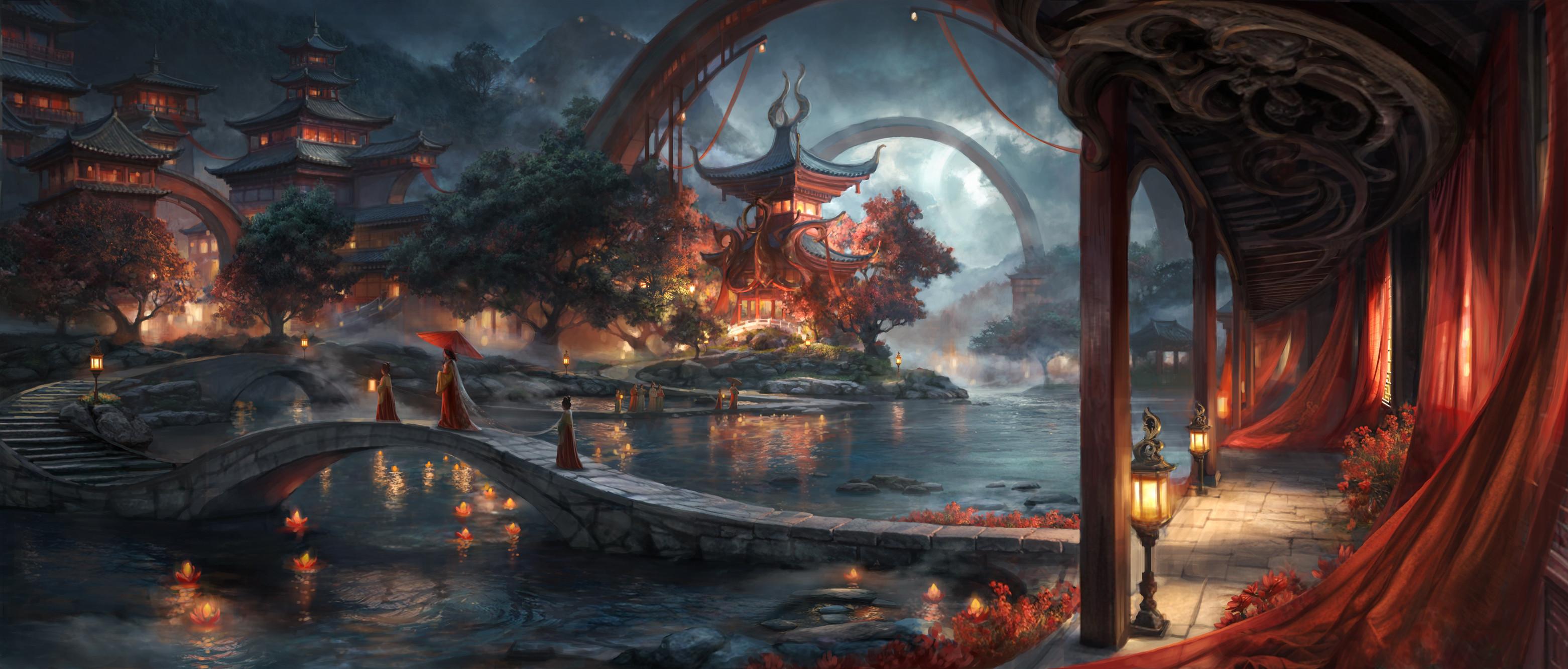 Chinese Architecture, Fantasy Landscape, Asian Scenery, Oriental Art Wallpaper in Full HD resolution (3123x1333) Chinese Architecture, Fantasy Landscape, Asian Scenery, Oriental Art Full HD Wallpaper Background (3123x1333)