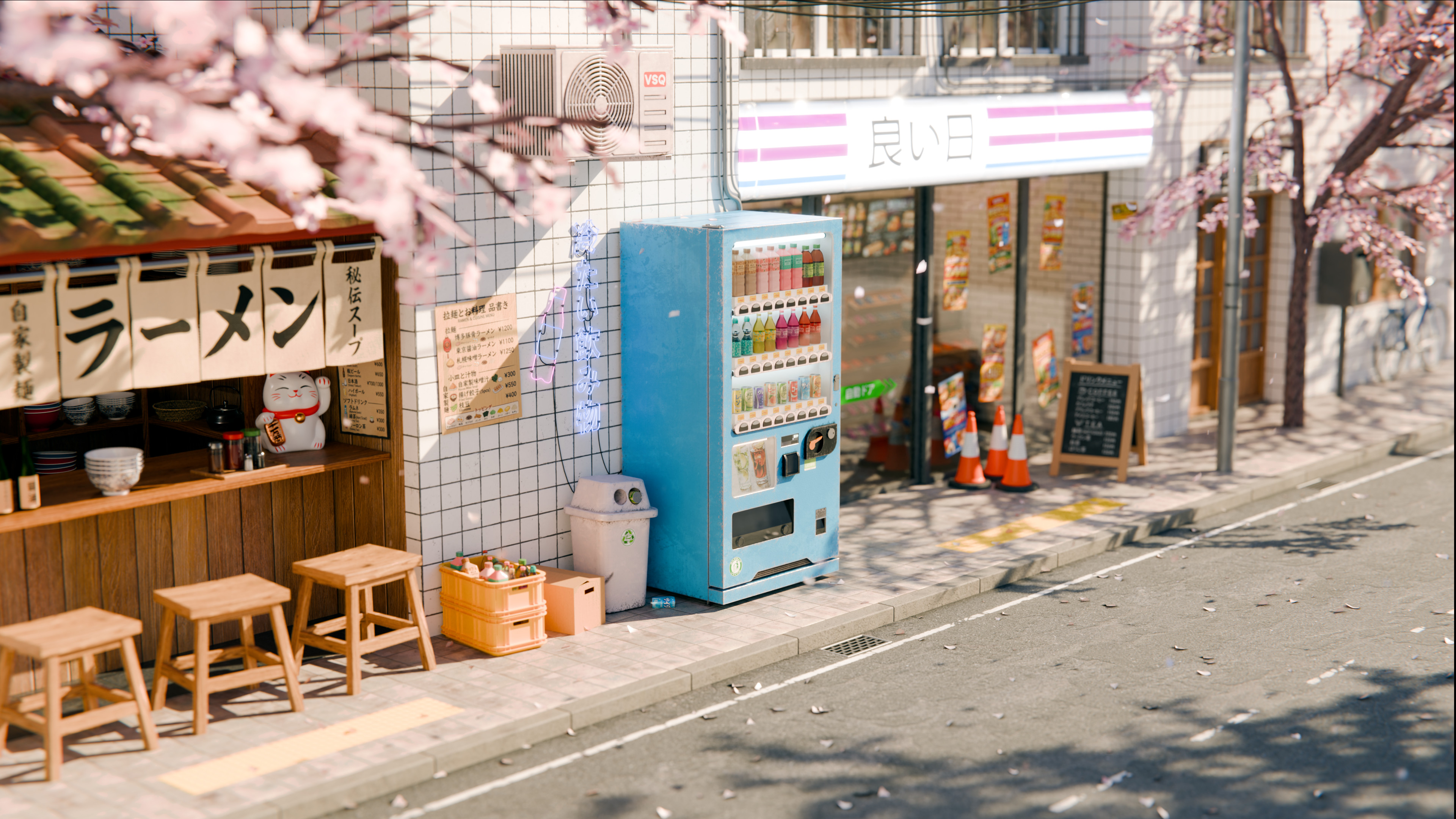 Cozy Japanese Street In Spring - 4K Background Cozy Japanese Street In Spring - 3D Render 4K Wallpaper (3840x2160)