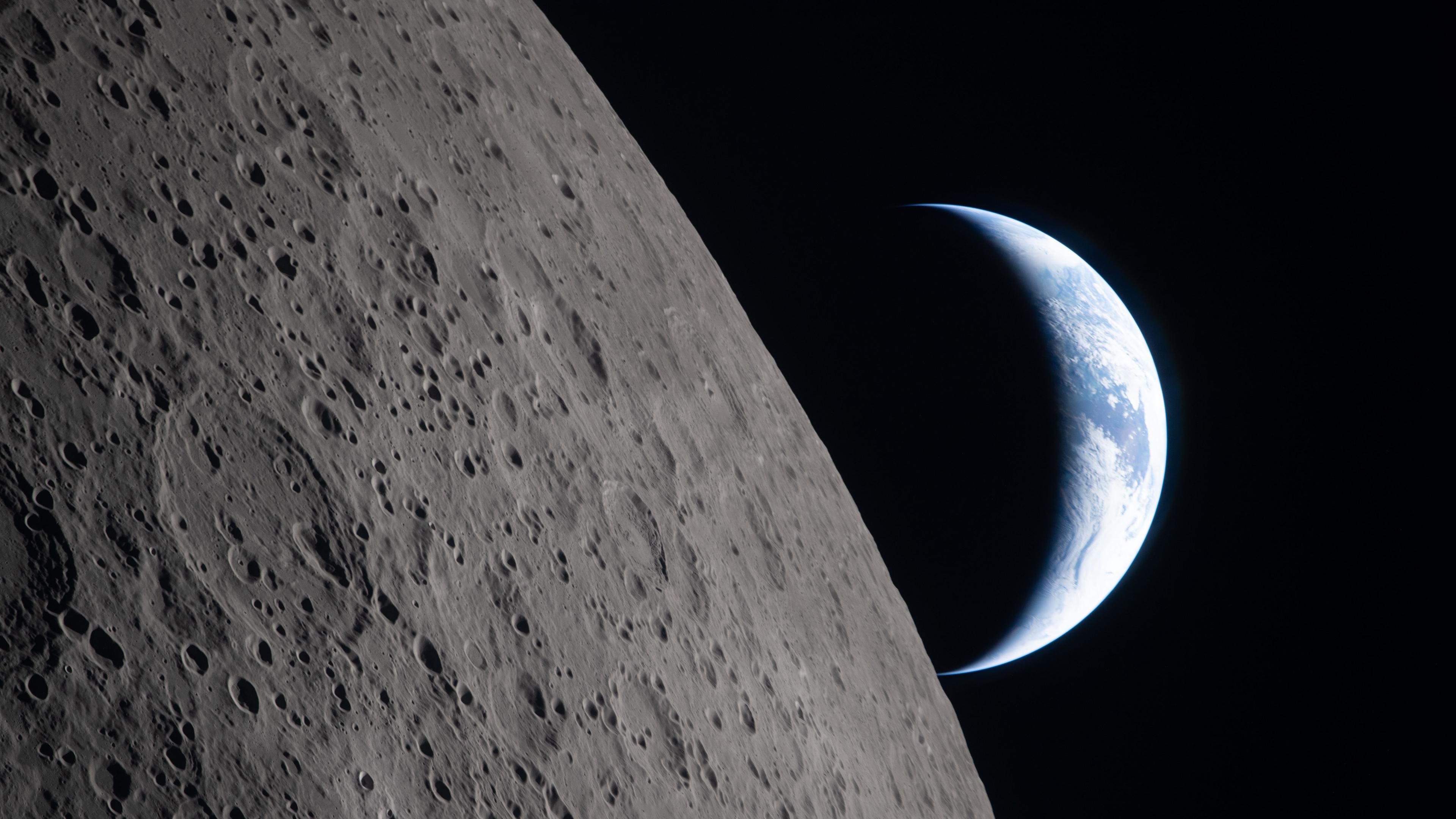 Crescent Earth Over Moon Surface - 4K Background Crescent Earth Over Moon Surface - Space Photography 4K Wallpaper (3840x2160)