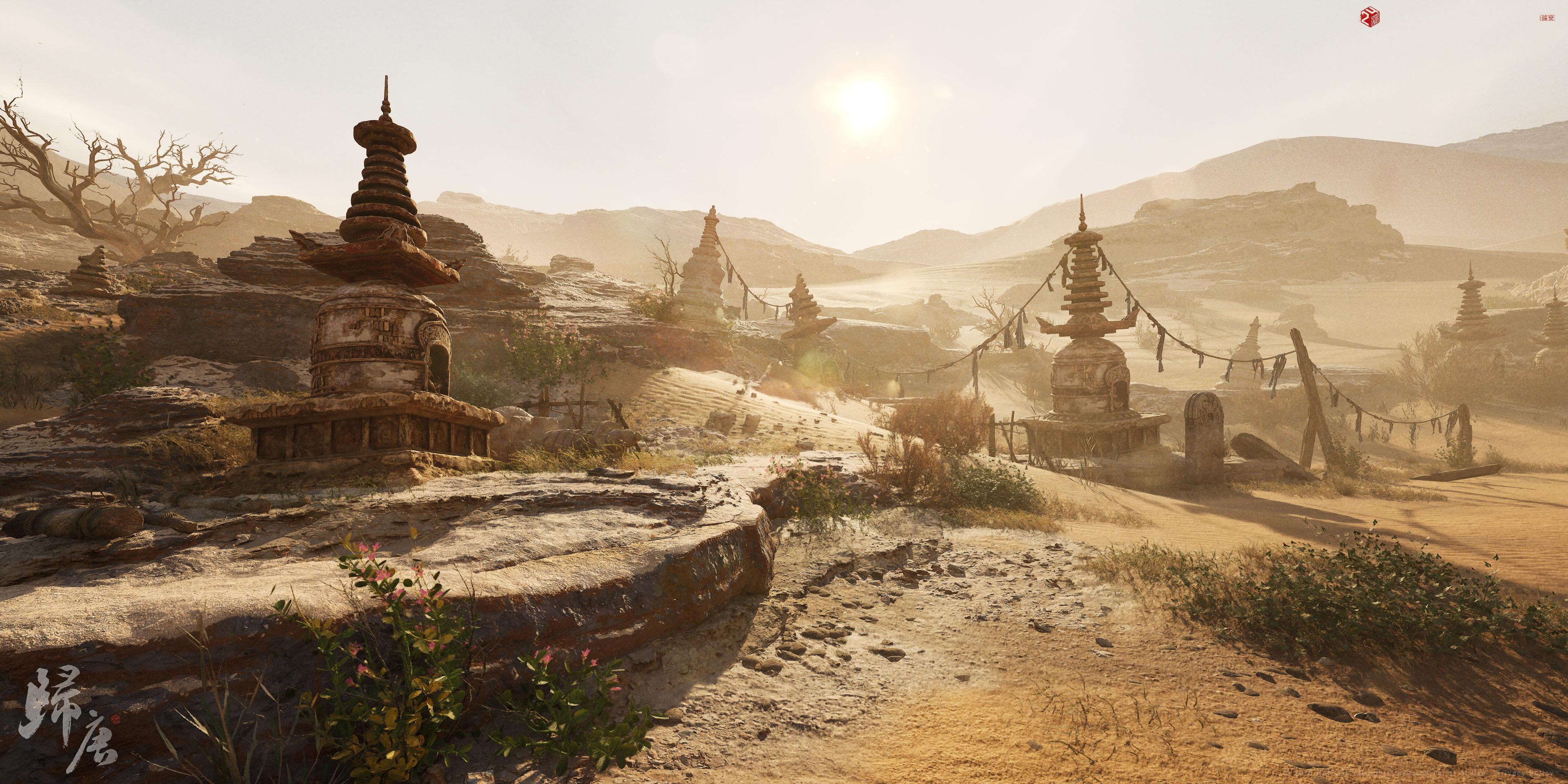Desert Stupas Under Hazy Sun - 2K Background Desert Stupas Under Hazy Sun - Realistic Digital Art 2K Wallpaper (3840x1920)