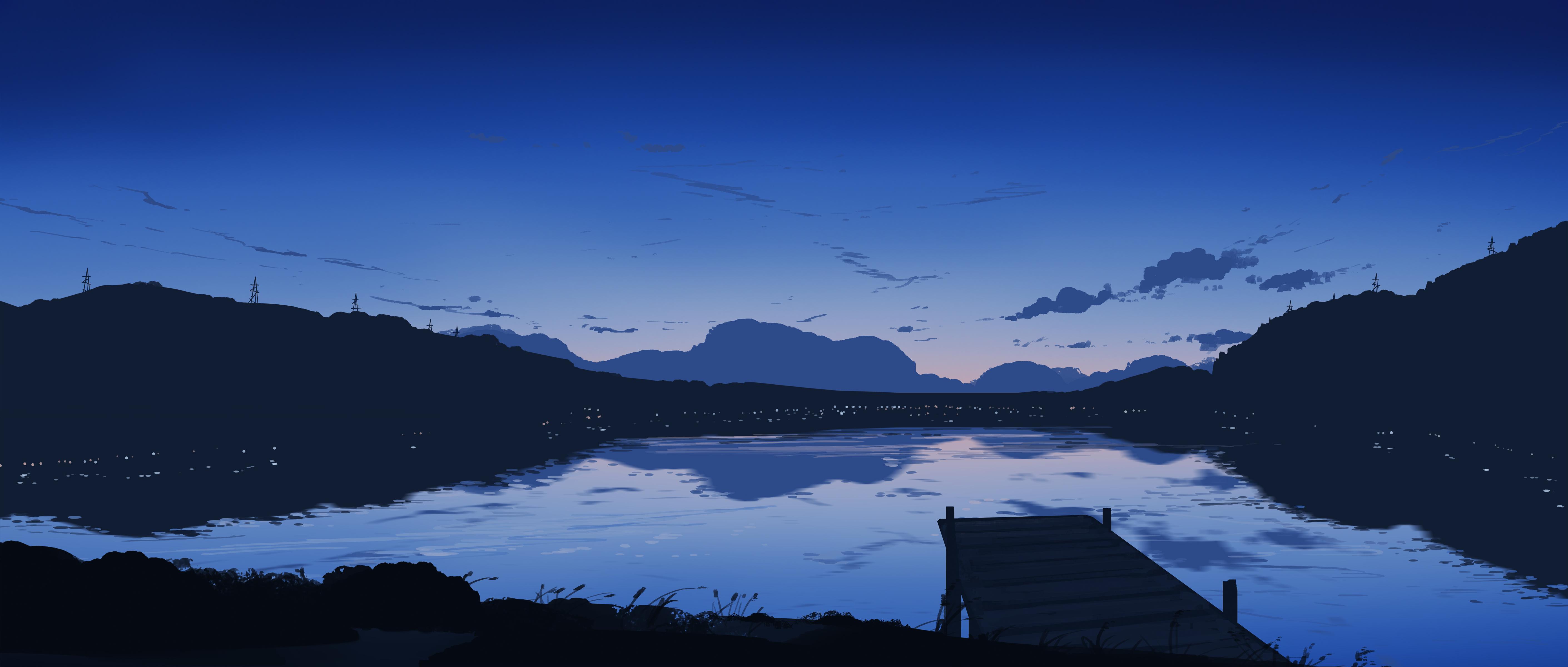 Dock Under A Blue Twilight Sky - 4K Background Dock Under A Blue Twilight Sky - Digital Anime Landscape 4K Wallpaper (5640x2400)