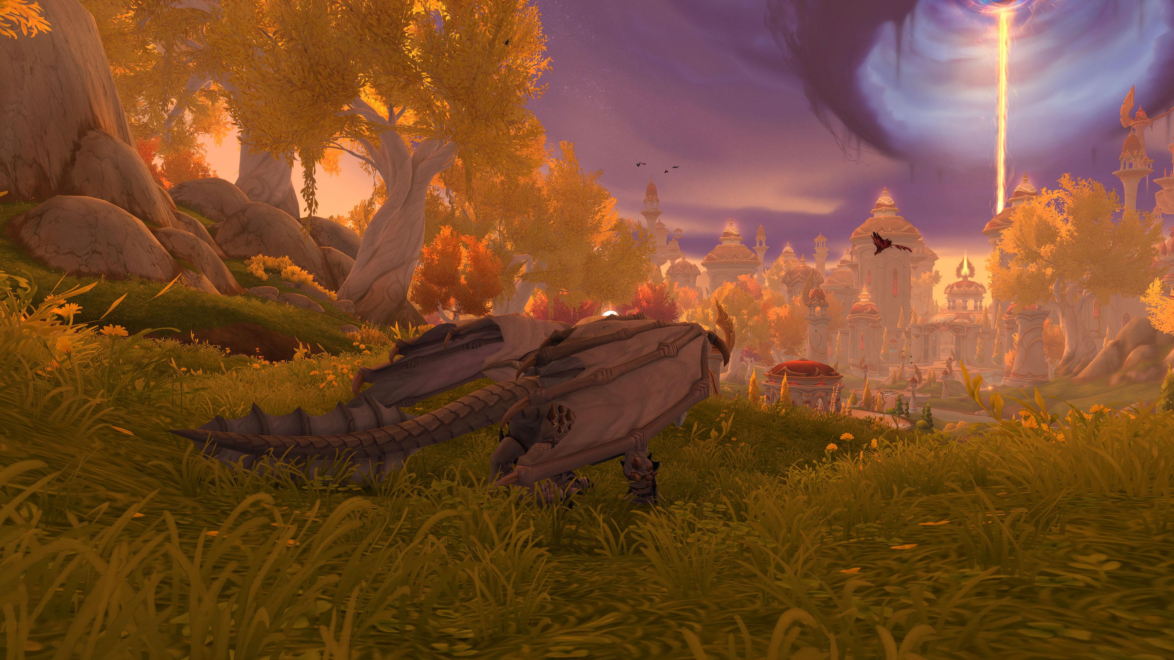 Dragon Overlooking Silvermoon City - 4K Background Dragon Overlooking Silvermoon City - Video Game Screenshot 4K Wallpaper (3840x2160)