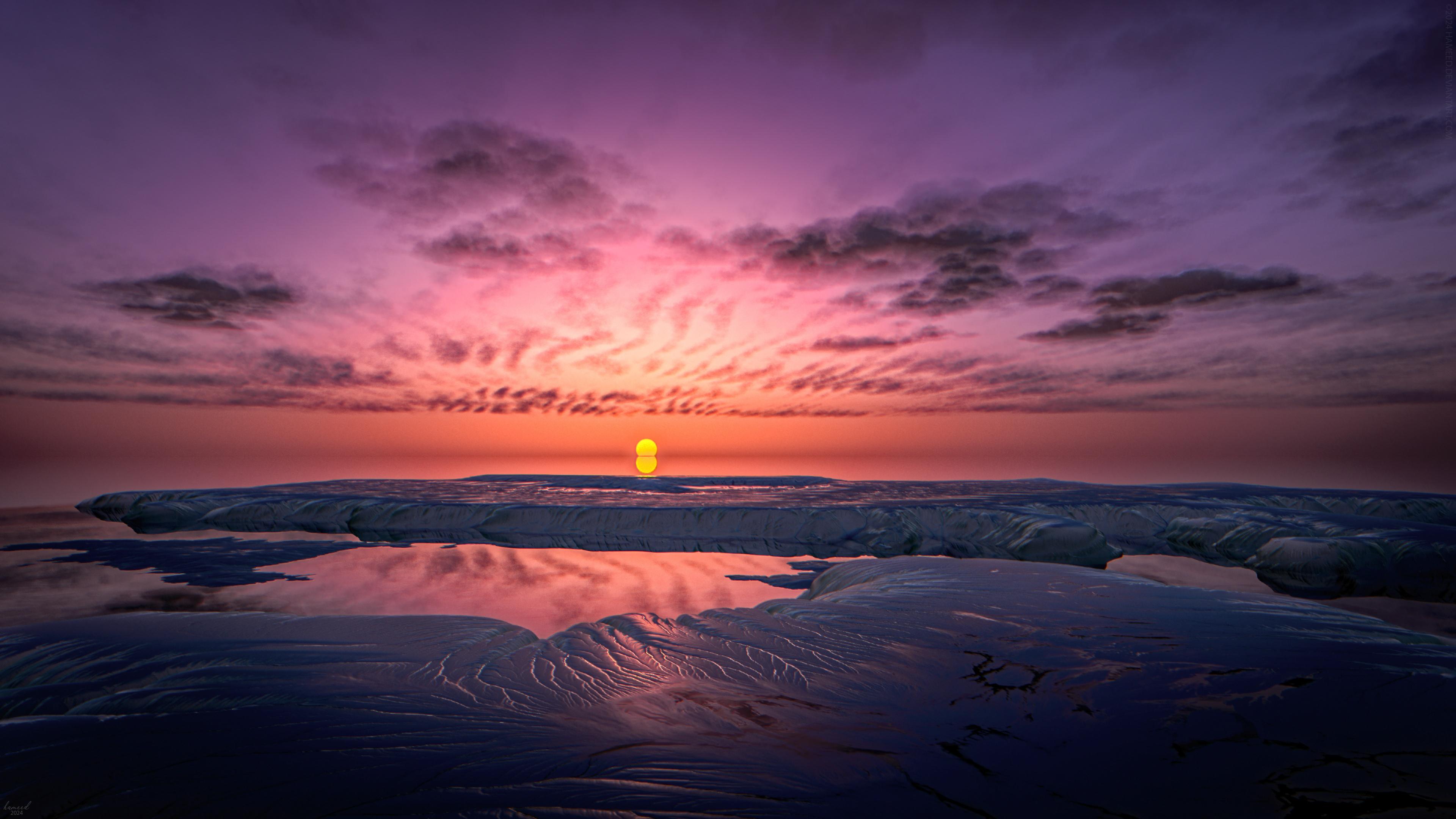 Dramatic Dusk Over Icy Terrain - 4K Background Dramatic Dusk Over Icy Terrain - Digital Landscape Art 4K Wallpaper (3840x2160)