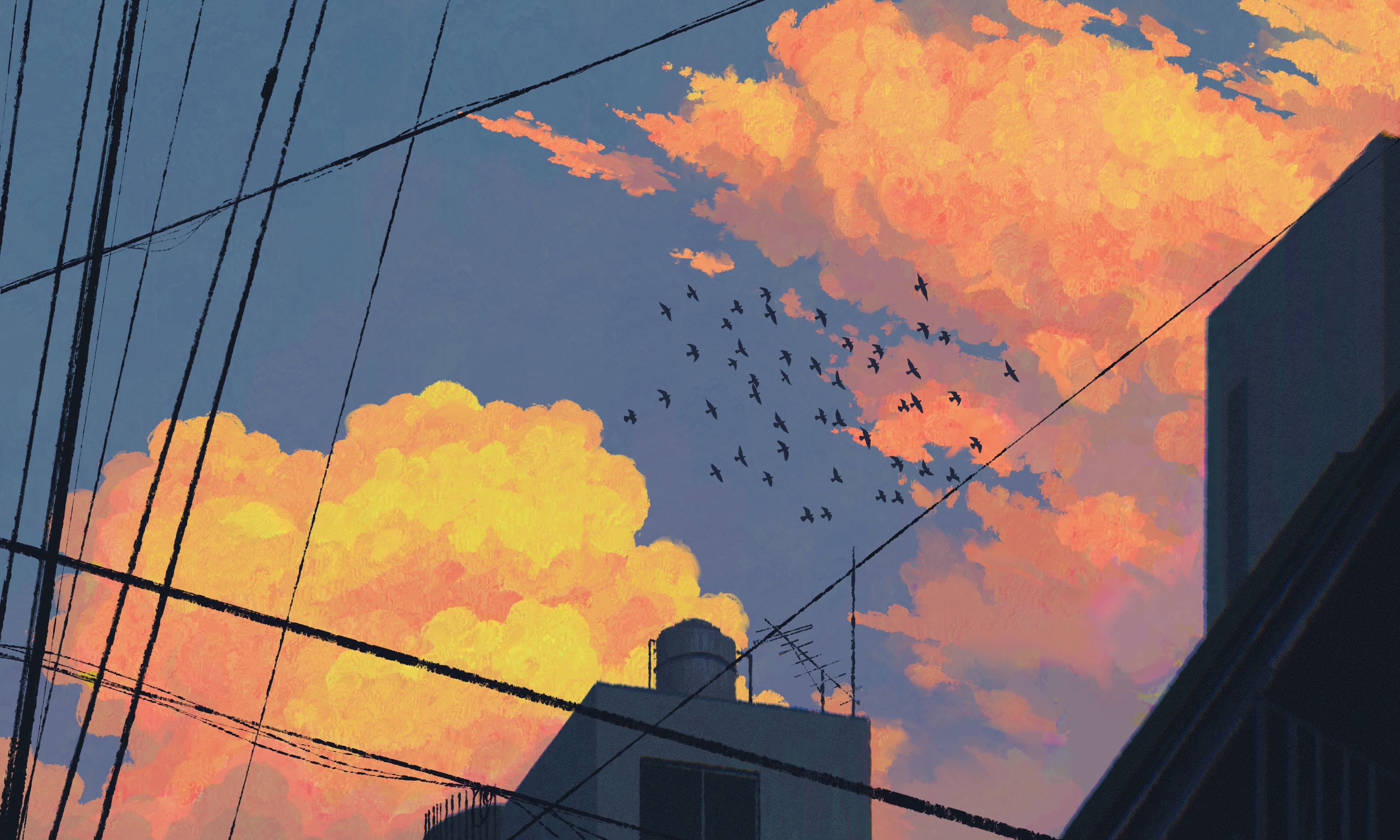 Dramatic Orange Sunset Over Wires - 2K Background Dramatic Orange Sunset Over Wires - Digital Painting Aesthetic 2K Wallpaper (3500x2101)