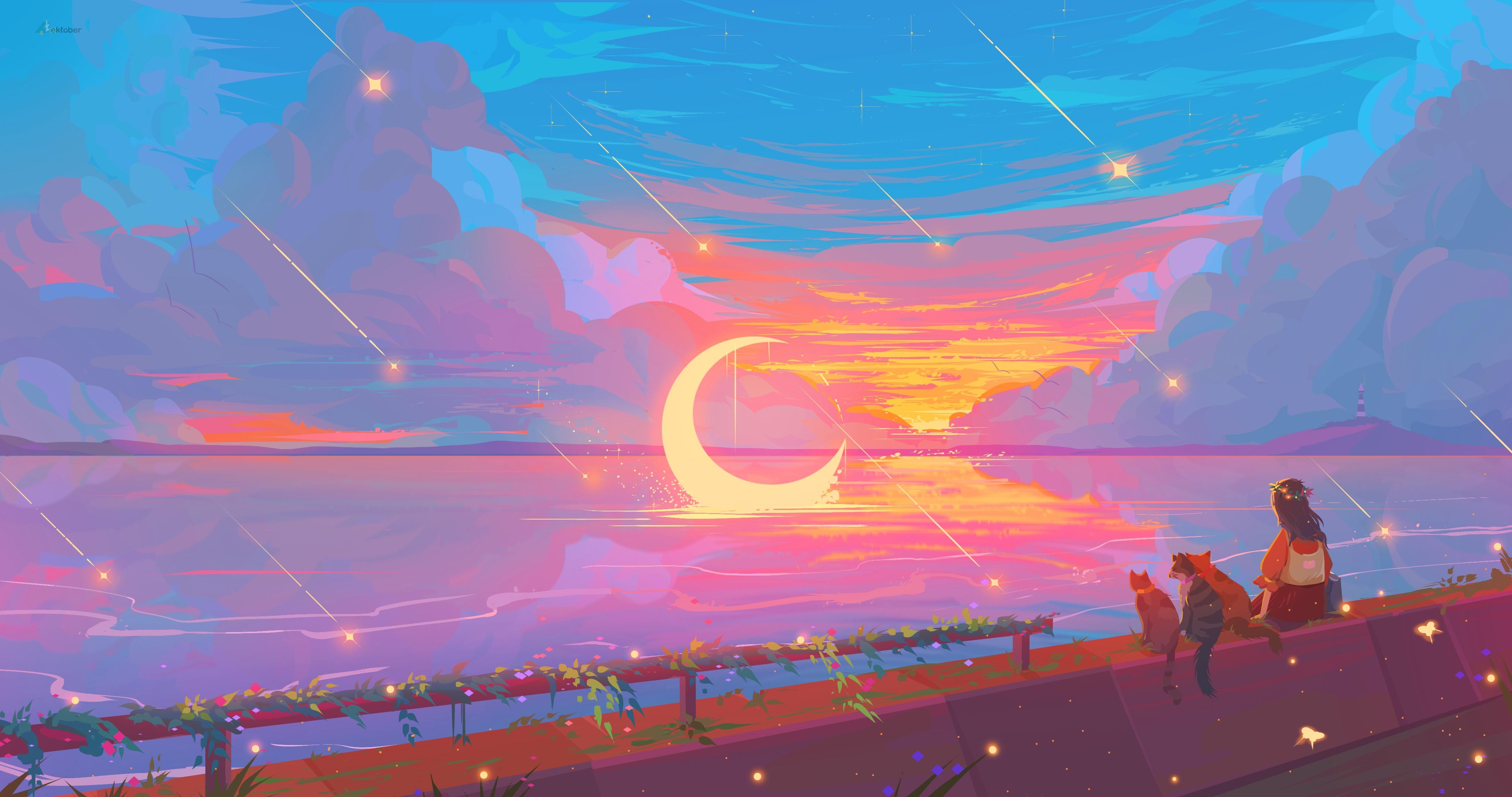 Dreamy Sunset Over The Ocean - 4K Background Dreamy Sunset Over The Ocean - Digital Illustration 4K Wallpaper (4096x2160)