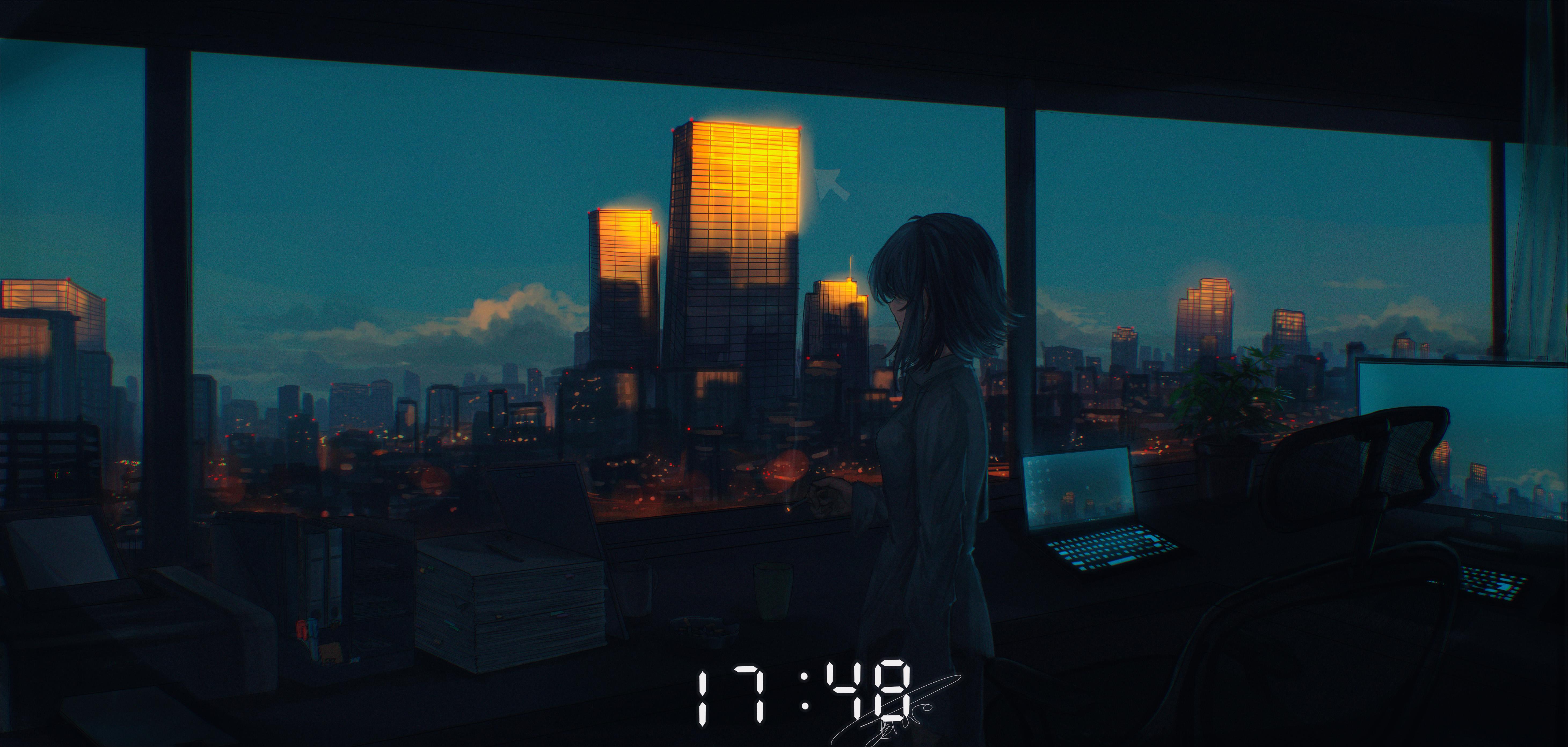 Dusk Skyline Office View - 4K Background Dusk Skyline Office View - Digital Art 4K Wallpaper (5842x2786)