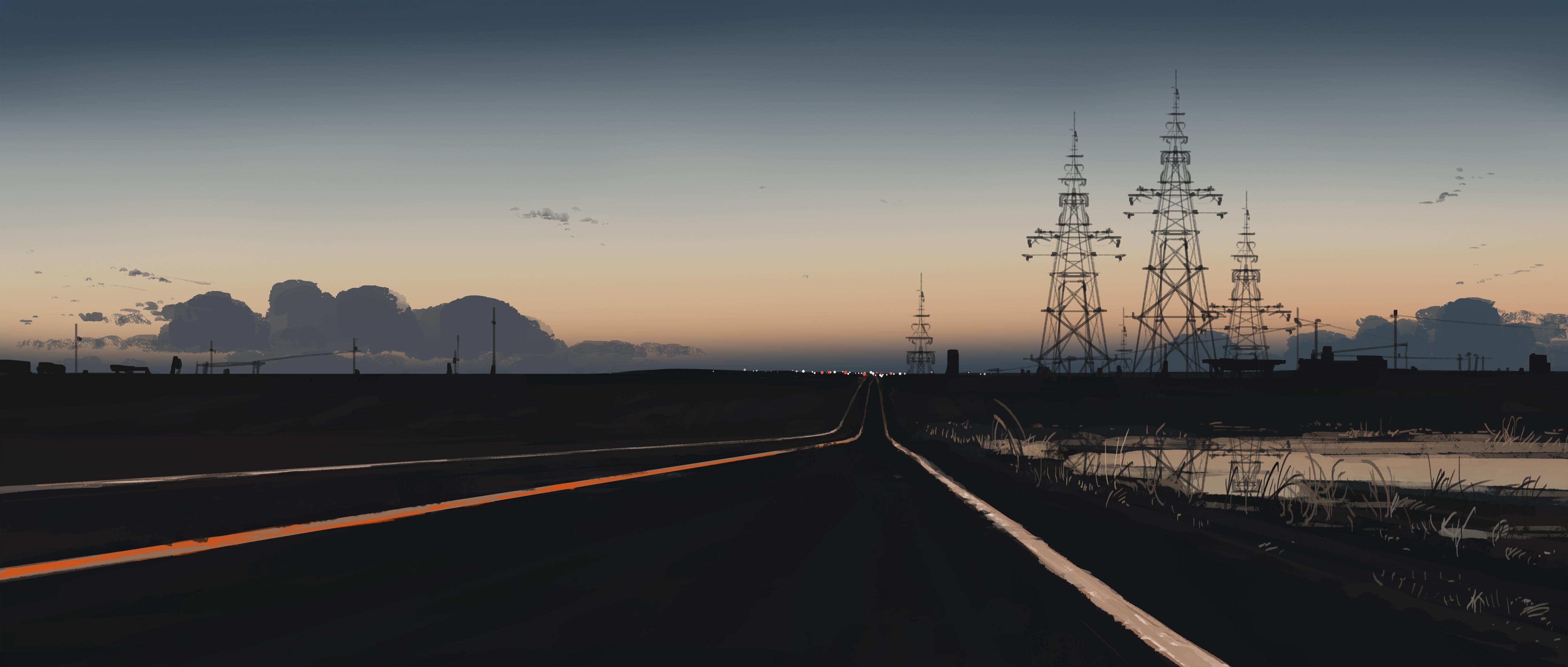 Empty Highway At Twilight - 4K Background Empty Highway At Twilight - Digital Painting 4K Wallpaper (5640x2400)
