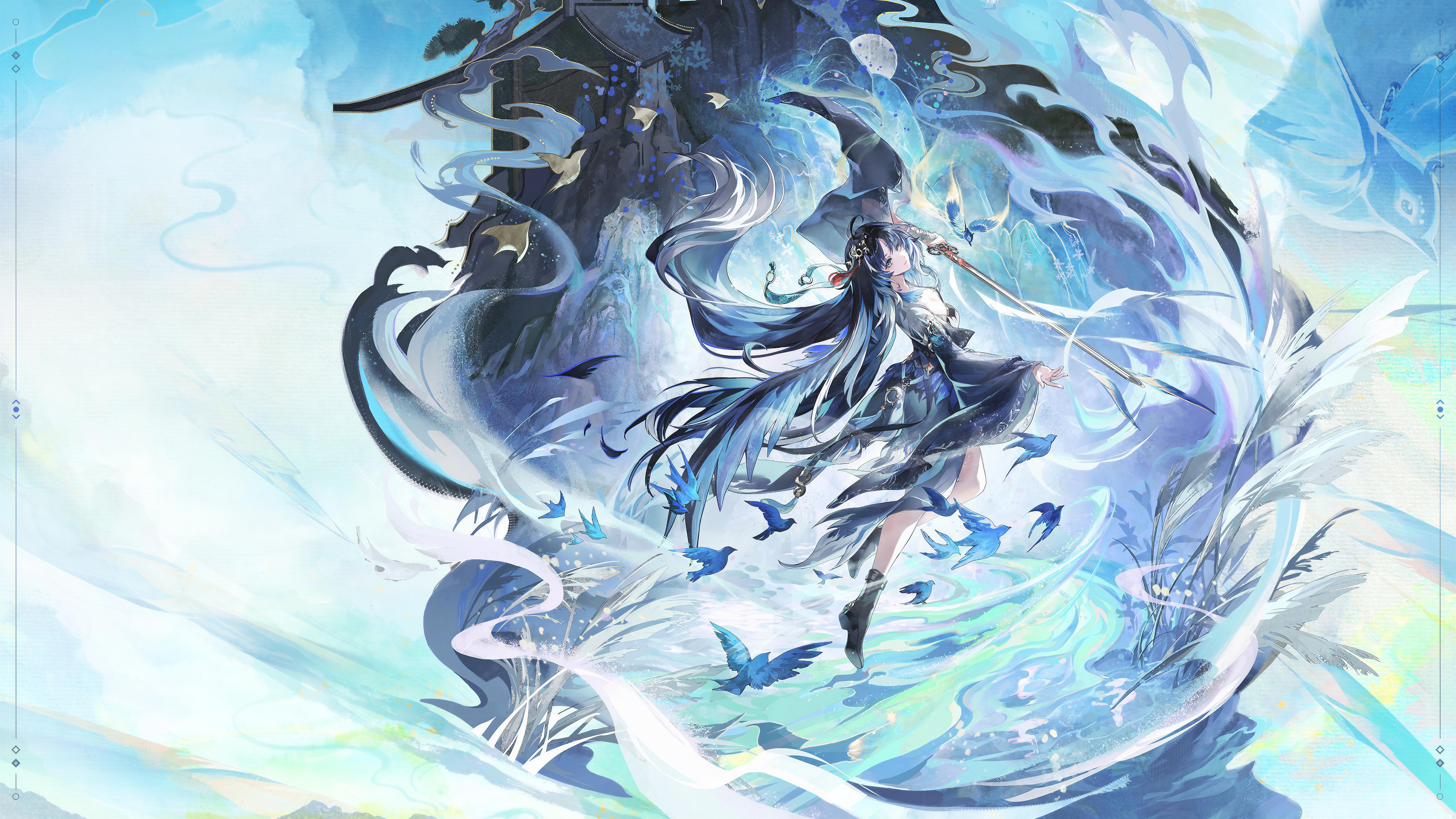 Ethereal Anime Girl with Blue Birds - 8K Background Ethereal Anime Girl with Blue Birds - Digital Anime Art 8K Wallpaper (8000x4500)