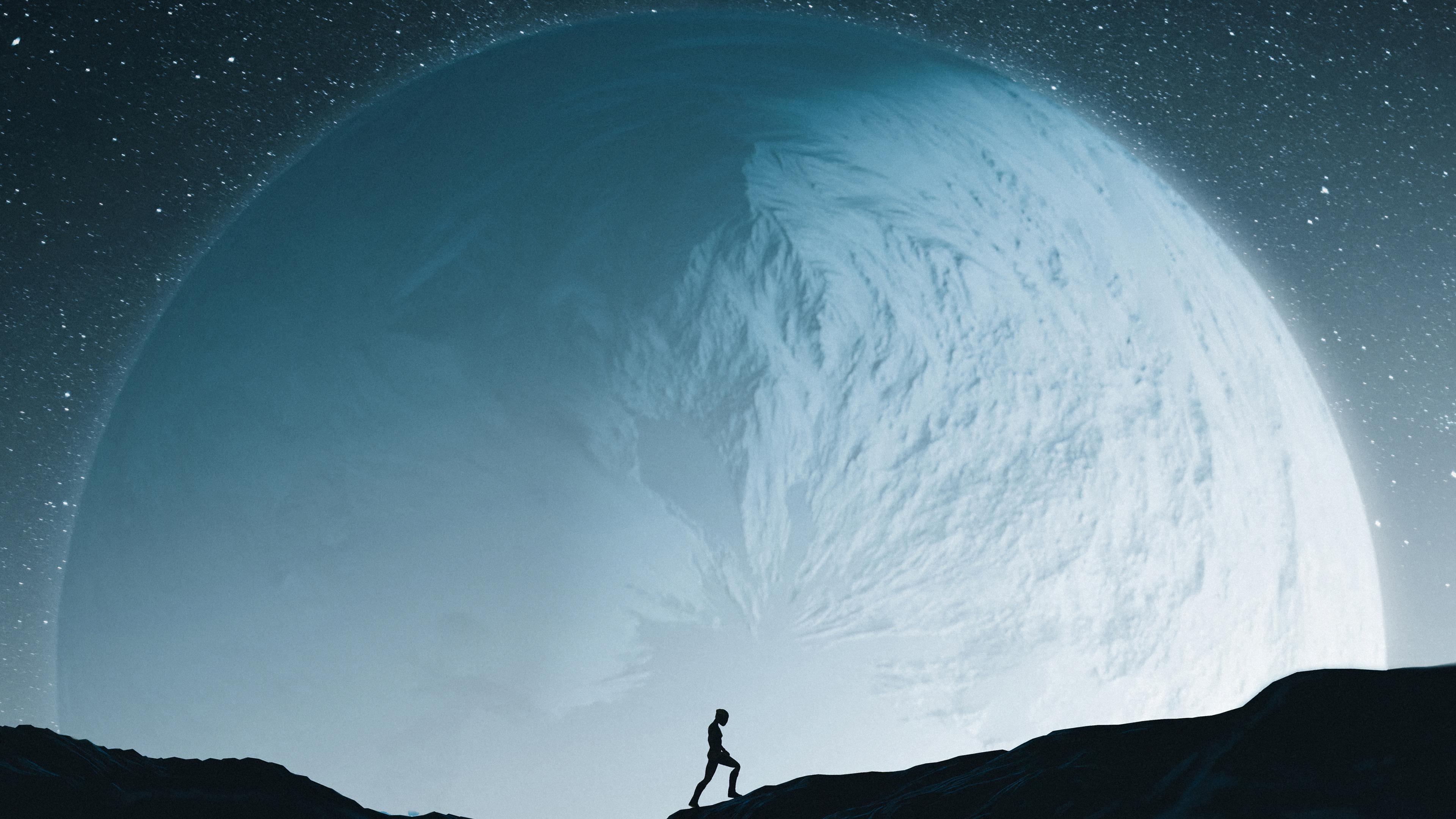 Explorer Standing Against Giant Planet - 4K Background Explorer Standing Against Giant Planet - Digital Space Art 4K Wallpaper (3840x2160)