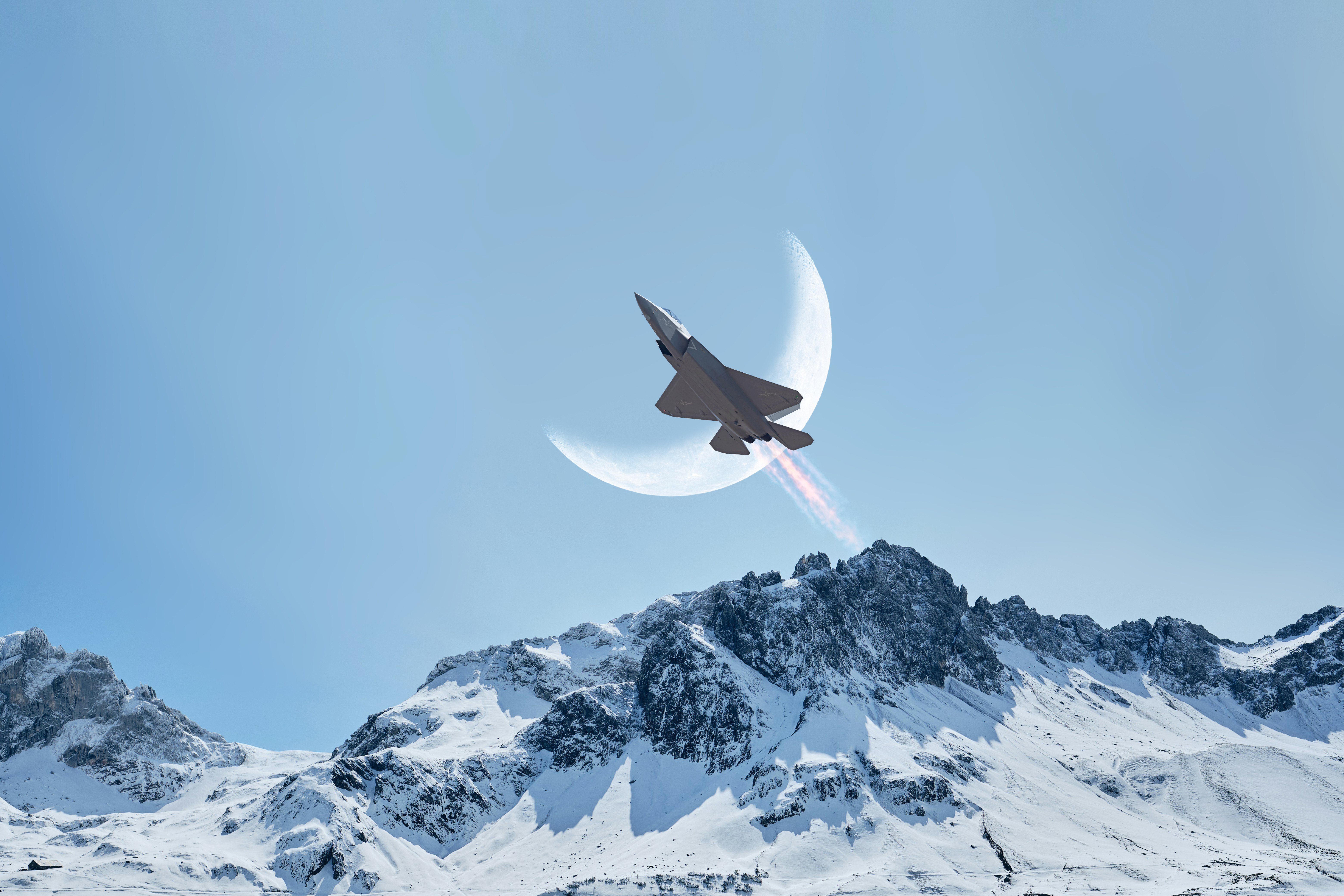 F-35 Lightning Ii, Military Aircraft, Crescent Moon, Snowy Mountains Wallpaper in 5K resolution (6240x4160) F-35 Lightning Ii, Military Aircraft, Crescent Moon, Snowy Mountains 5K Wallpaper Background (6240x4160)
