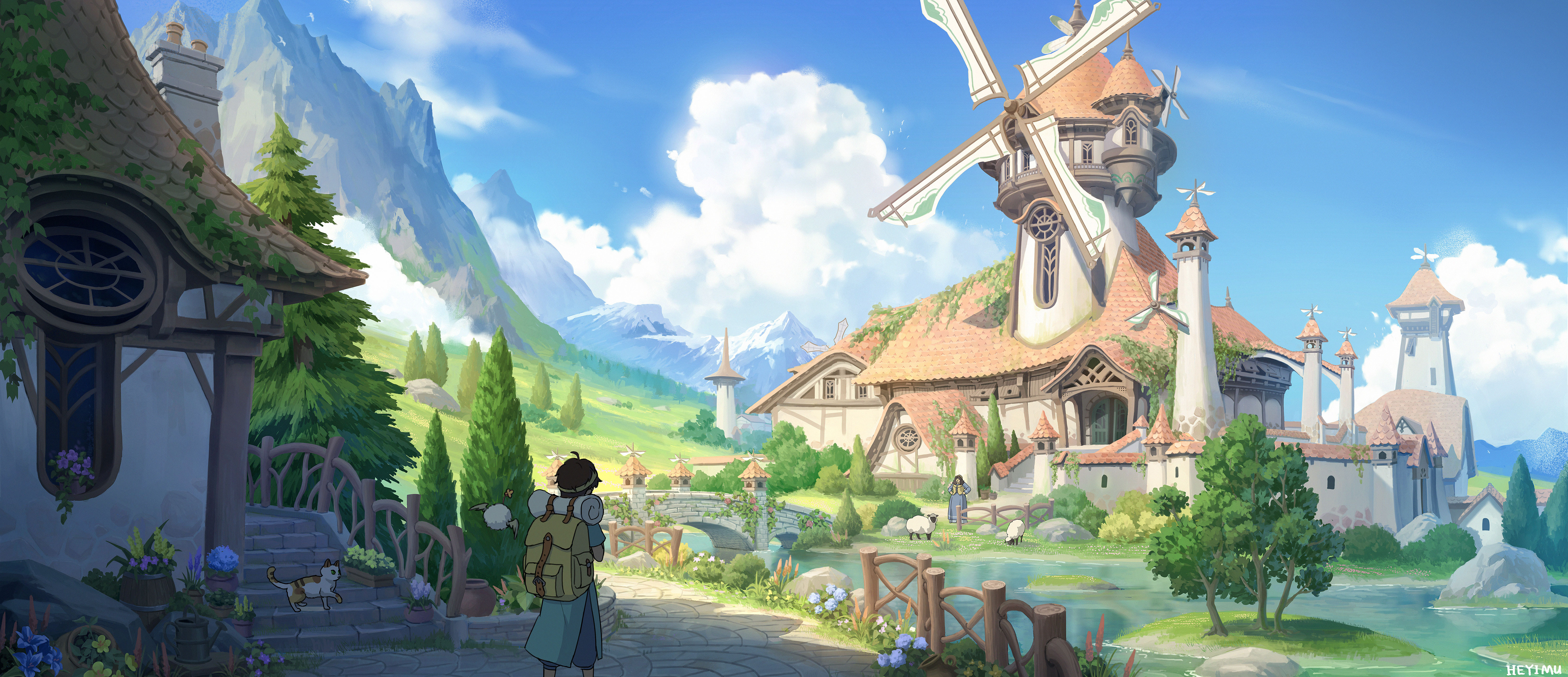 Fantasy Landscape, Anime Scenery, Windmill, Village Art Wallpaper in 4K resolution (6000x2589) Fantasy Landscape, Anime Scenery, Windmill, Village Art 4K Wallpaper Background (6000x2589)