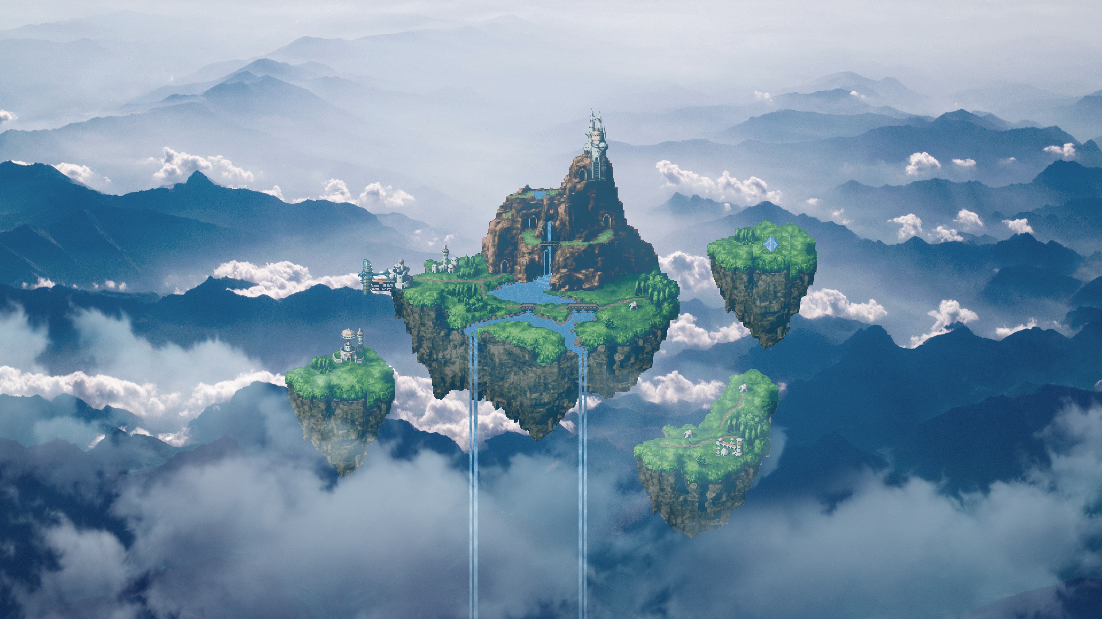 Fantasy Landscape, Floating Islands, Pixel Art, Mountain View Wallpaper in 4K resolution (3840x2160) Fantasy Landscape, Floating Islands, Pixel Art, Mountain View 4K Wallpaper Background (3840x2160)