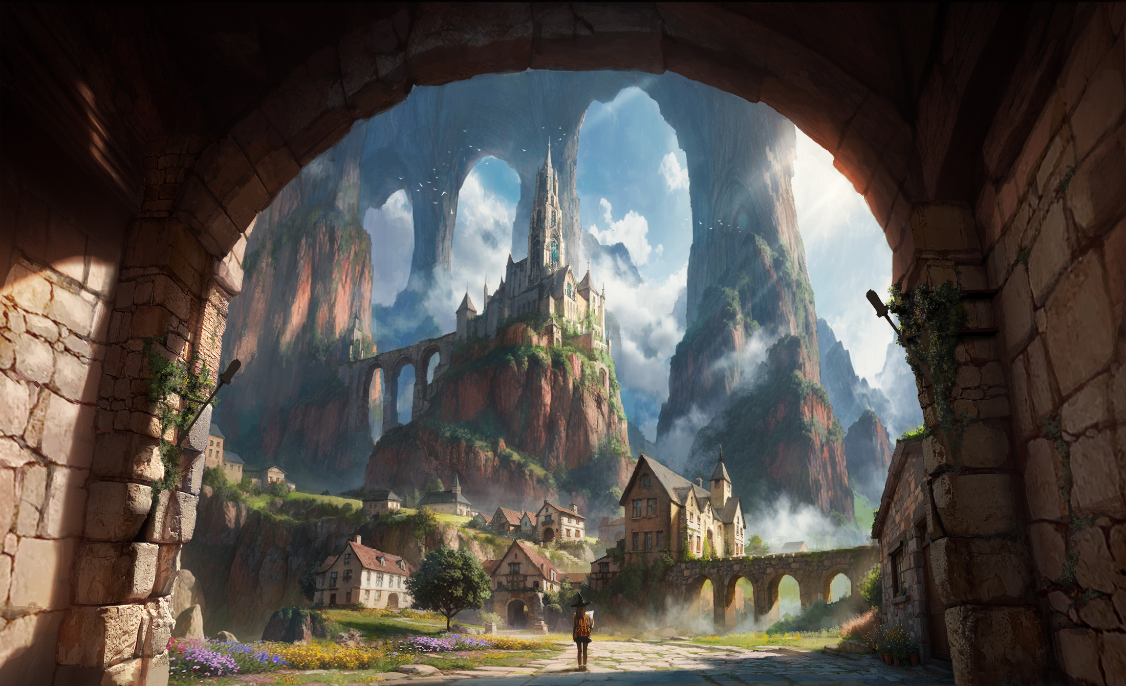 Fantasy Landscape, Medieval Castle, Mountain Scenery, Digital Art Wallpaper in Full HD resolution (2200x1342) Fantasy Landscape, Medieval Castle, Mountain Scenery, Digital Art Full HD Wallpaper Background (2200x1342)