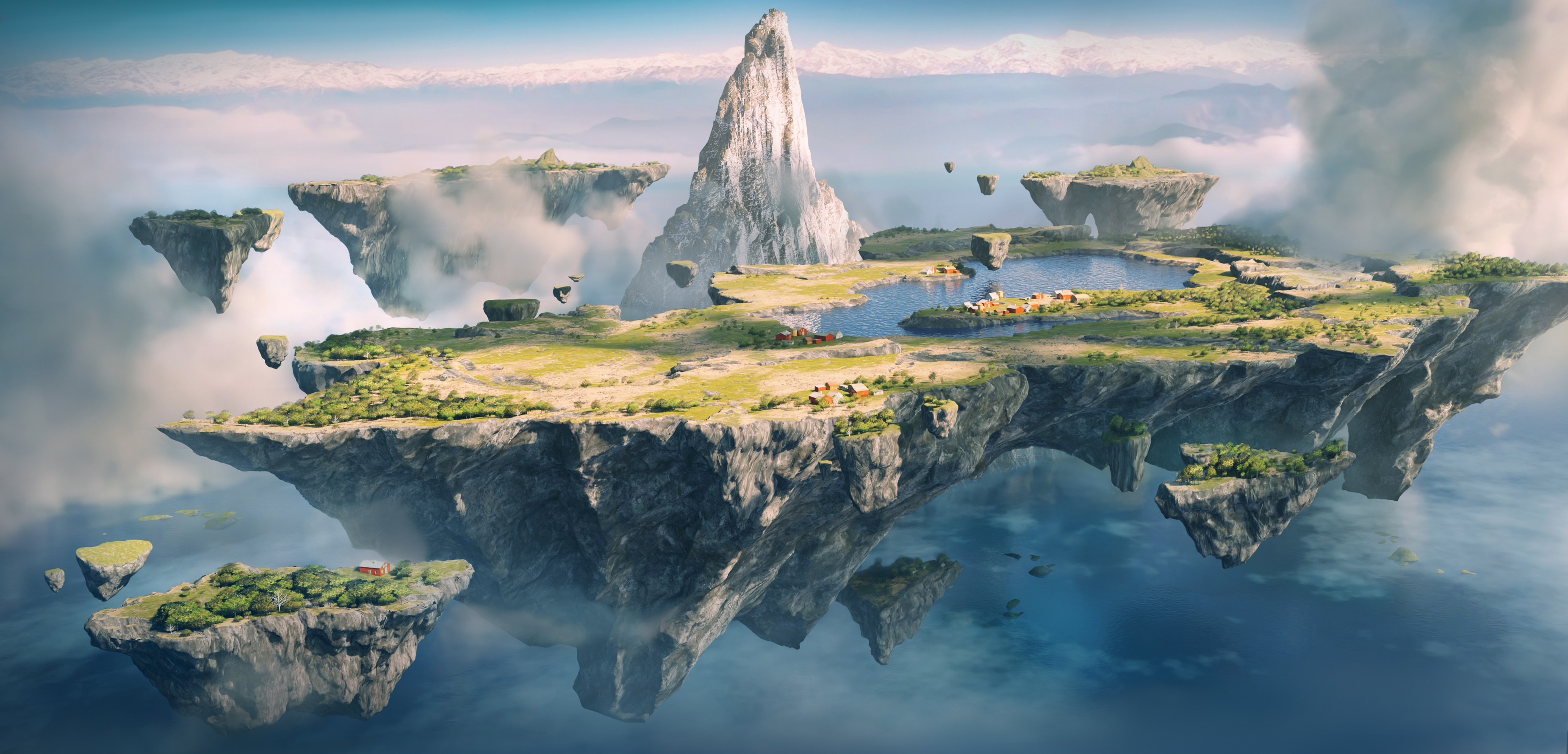Floating Islands, Fantasy Landscape, Digital Art, Surreal Environment Wallpaper in 2K resolution (3702x1780) Floating Islands, Fantasy Landscape, Digital Art, Surreal Environment 2K Wallpaper Background (3702x1780)