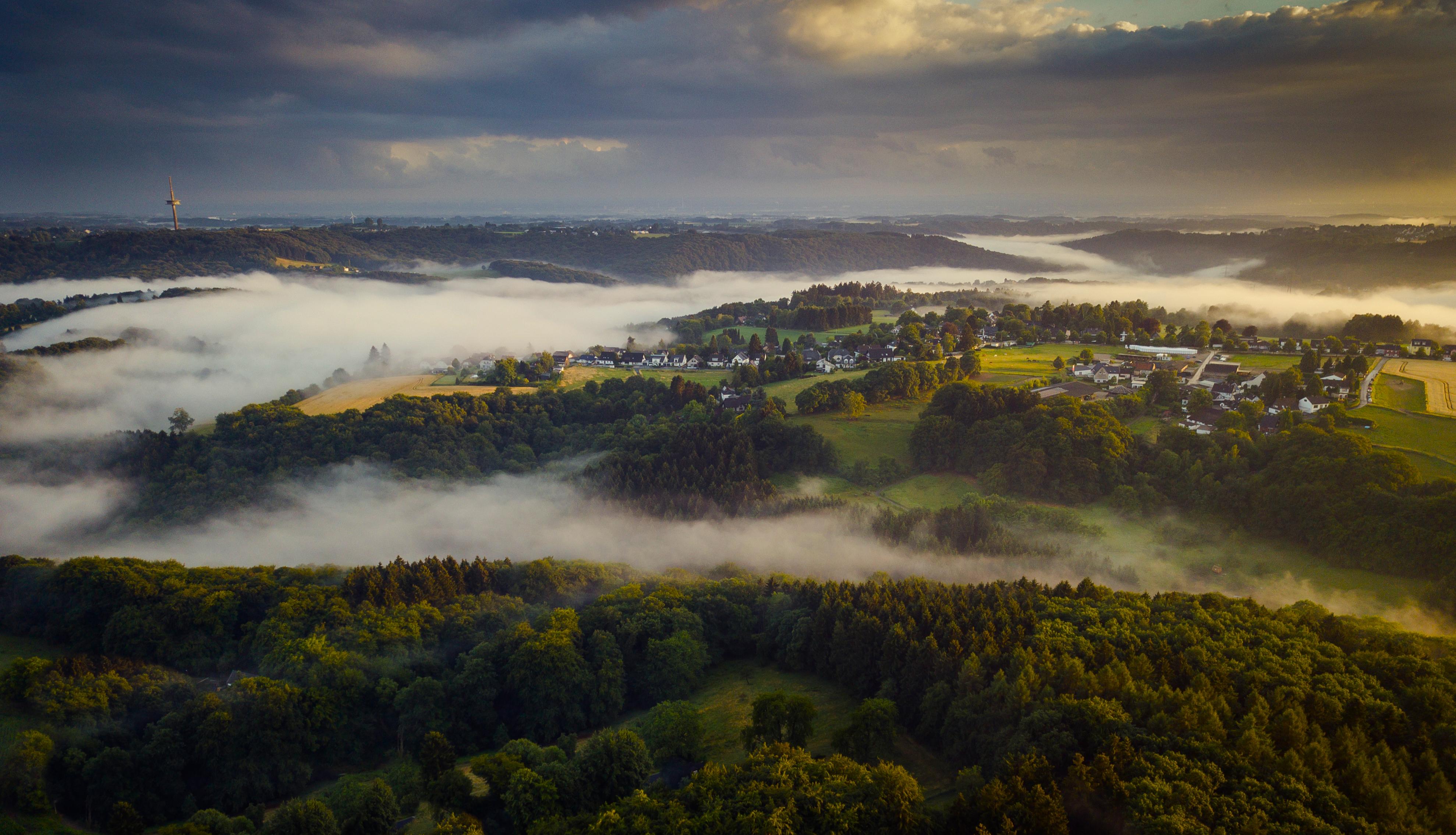 Foggy Landscape, Aerial View, Rural Scene, German Countryside Wallpaper in 4K resolution (3957x2269) Foggy Landscape, Aerial View, Rural Scene, German Countryside 4K Wallpaper Background (3957x2269)
