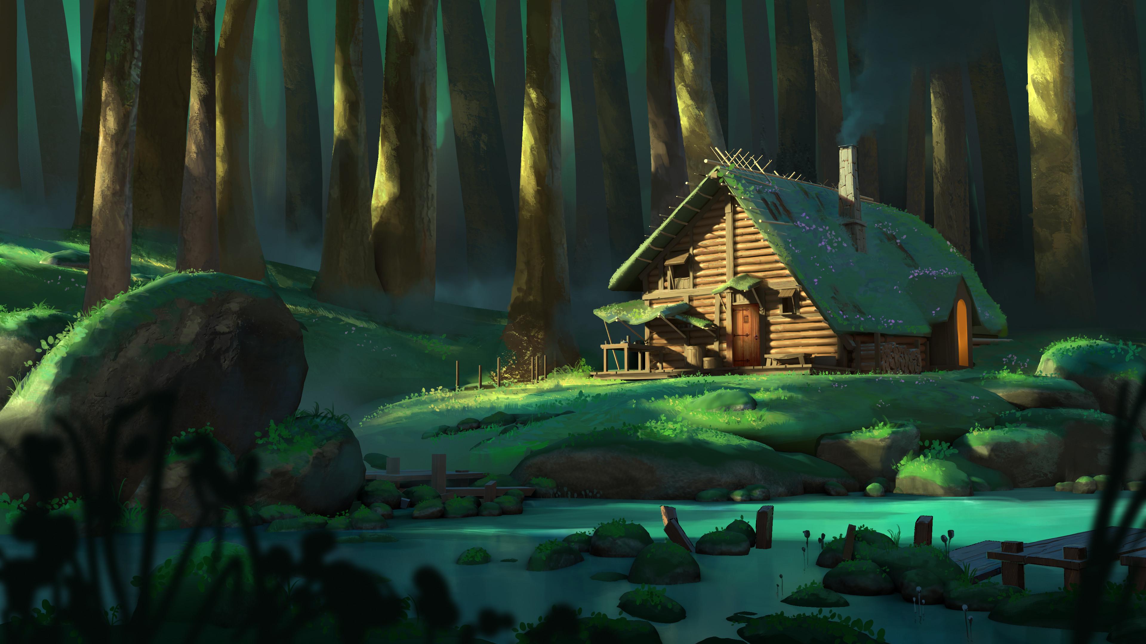 Forest Cabin By The Dark River - 4K Background Forest Cabin By The Dark River - Digital Concept Art 4K Wallpaper (3840x2160)