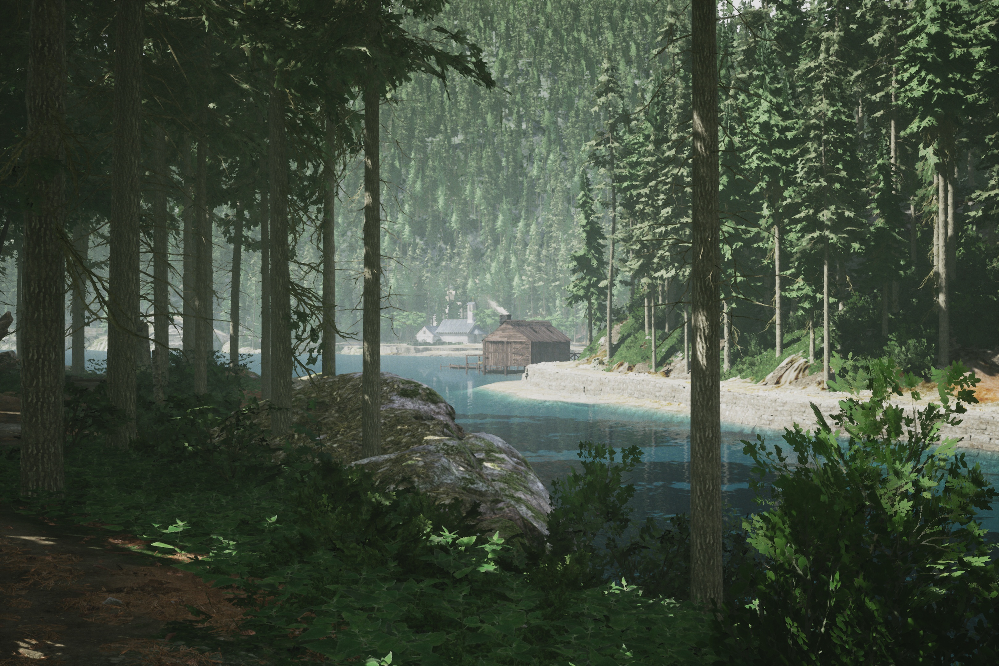 Forest Lake, Cabin, Tranquil, Nature Scenery Wallpaper in 2K resolution (3240x2160) Forest Lake, Cabin, Tranquil, Nature Scenery 2K Wallpaper Background (3240x2160)