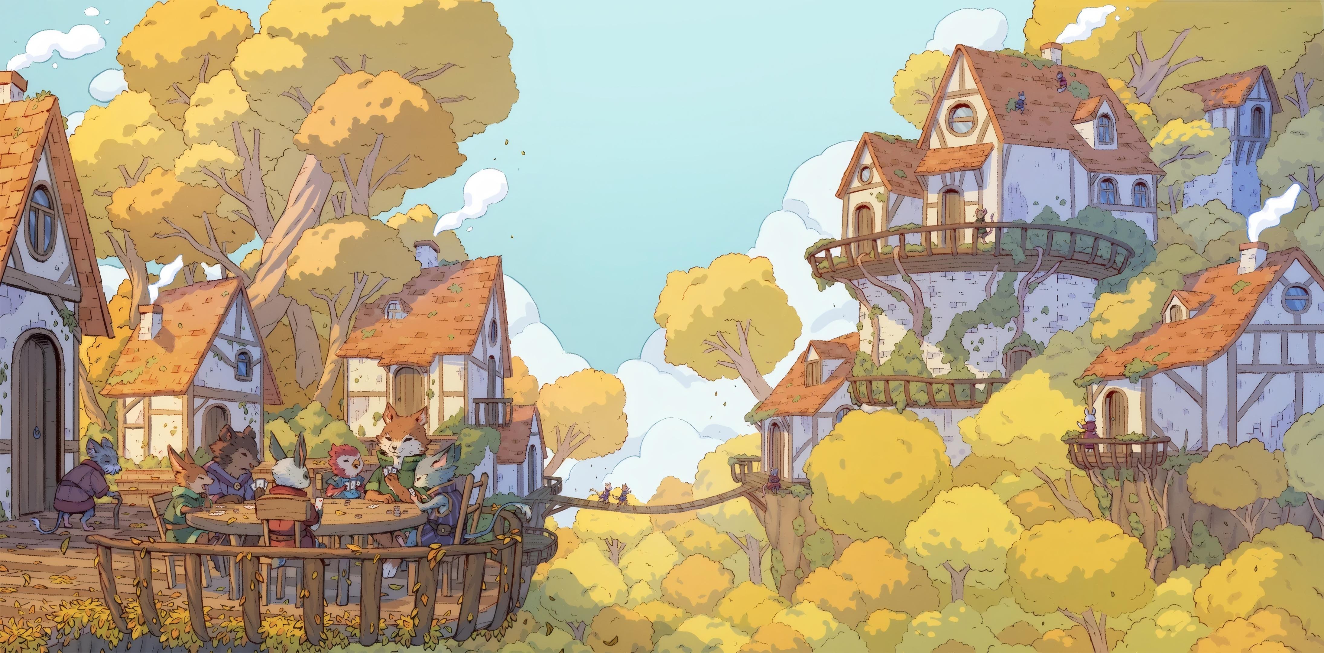 Forest Village Card Game In Autumn - 4K Background Forest Village Card Game In Autumn - Whimsical Digital Illustration 4K Wallpaper (4380x2160)