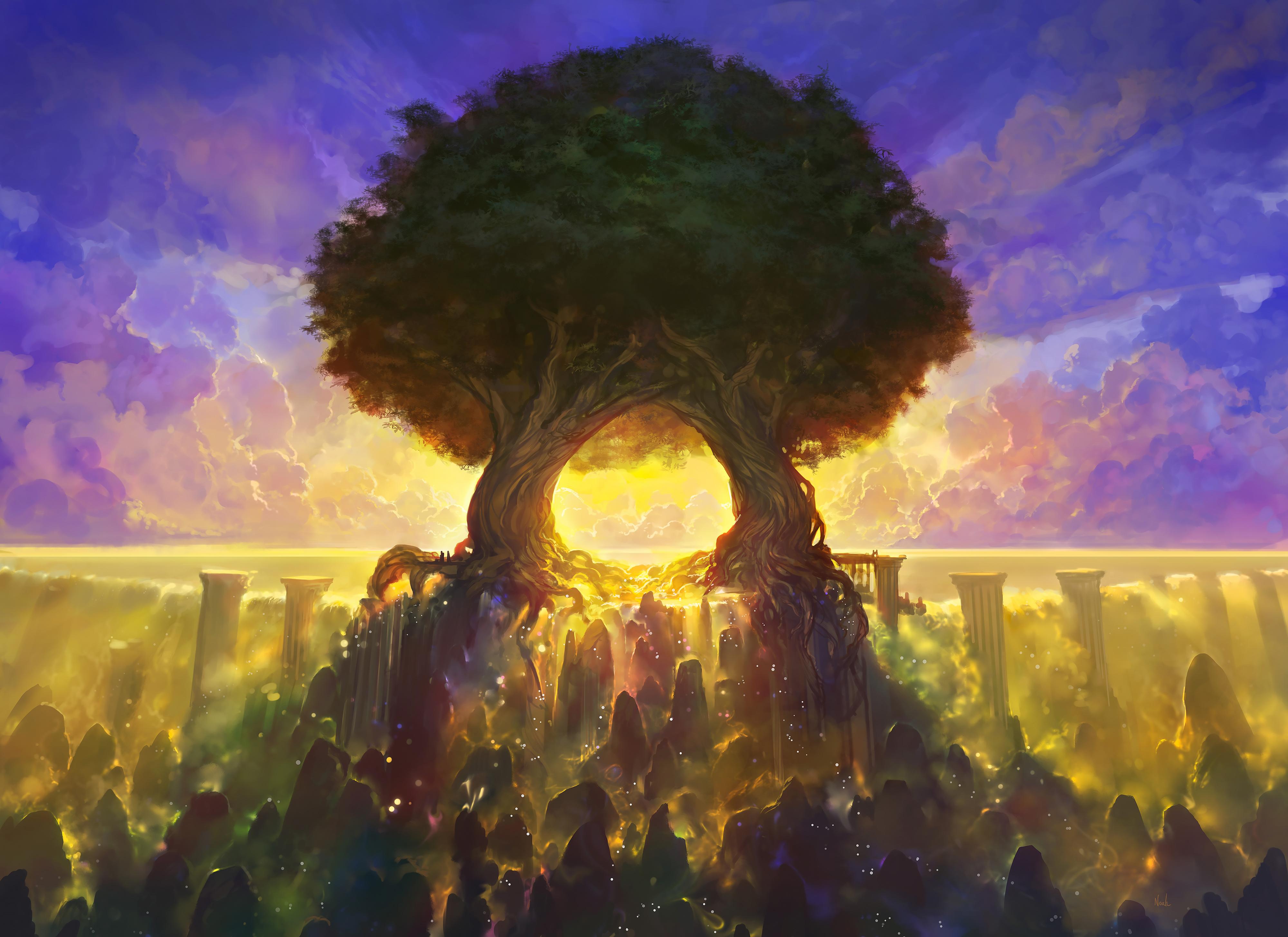 Giant World Tree At Sunset - 4K Background Giant World Tree At Sunset - Fantasy Digital Art 4K Wallpaper (4000x2909)
