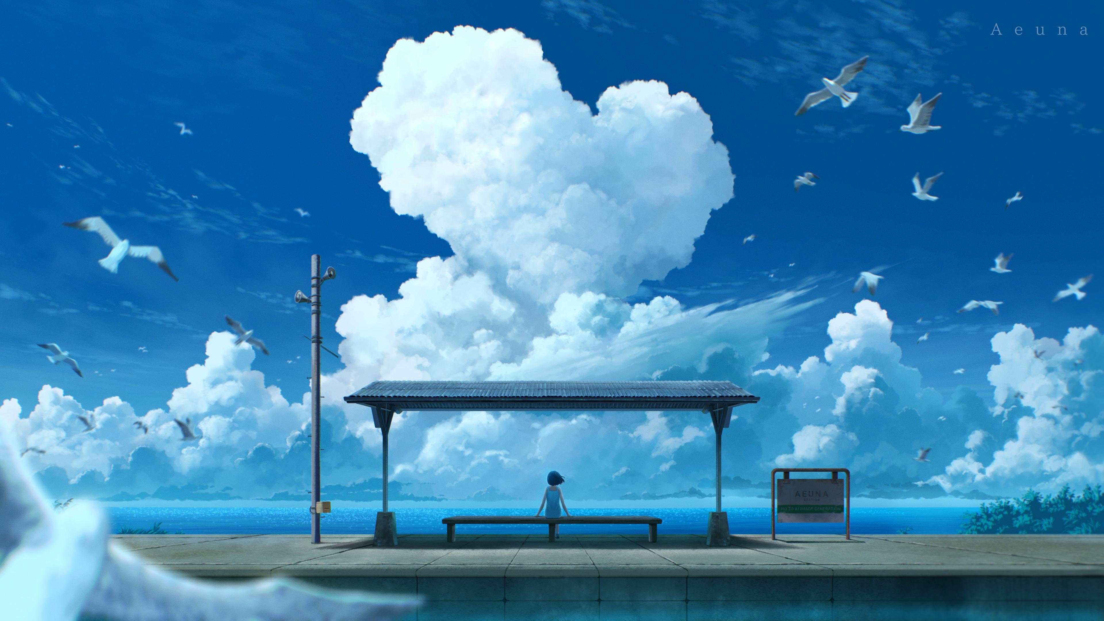 Girl At Seaside Station - 4K Background Girl At Seaside Station - Anime Illustration 4K Wallpaper (3840x2160)