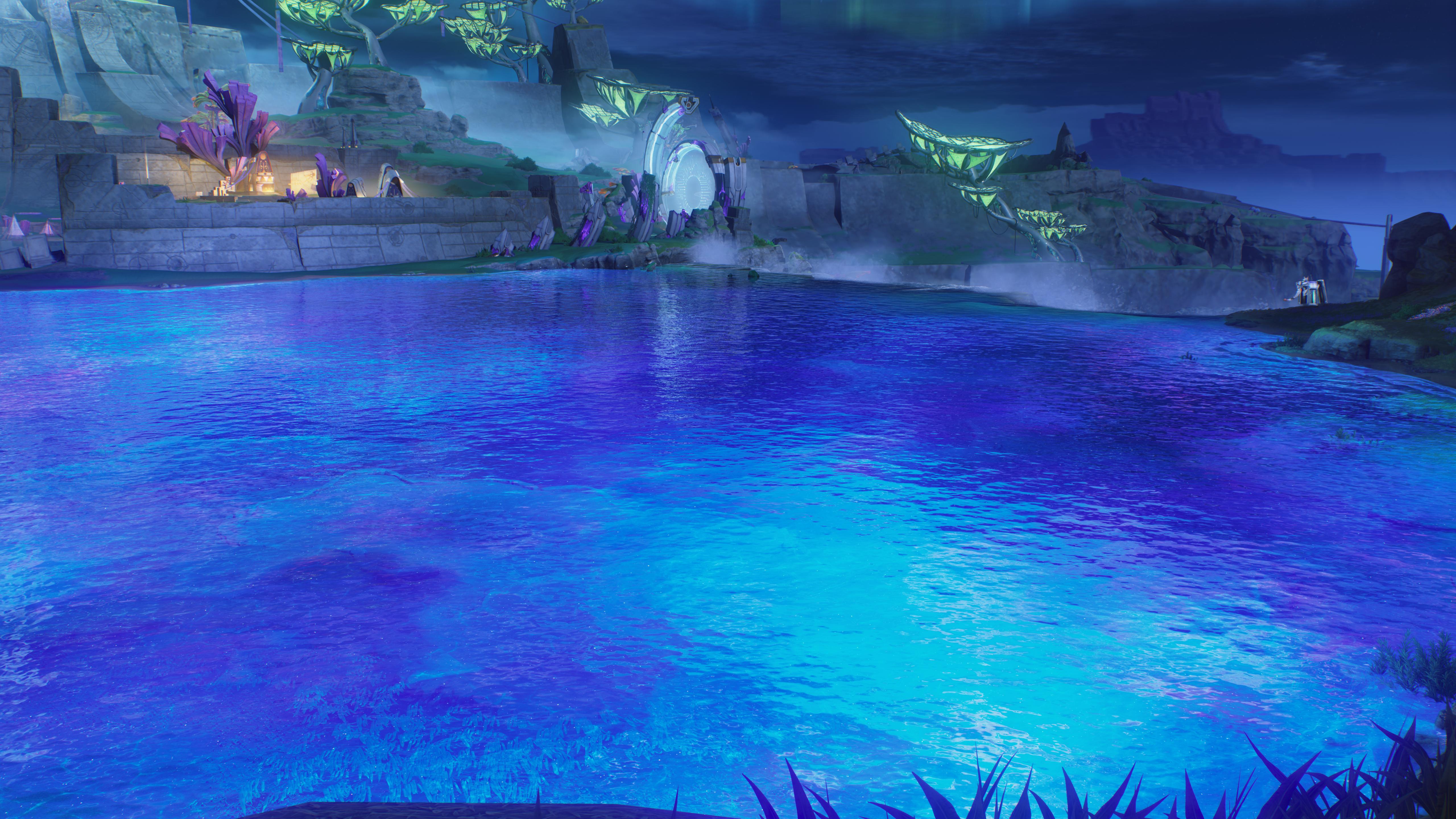 Glowing Blue Fantasy Lake - 5K Background Glowing Blue Fantasy Lake - Game Screenshot 5K Wallpaper (5120x2880)